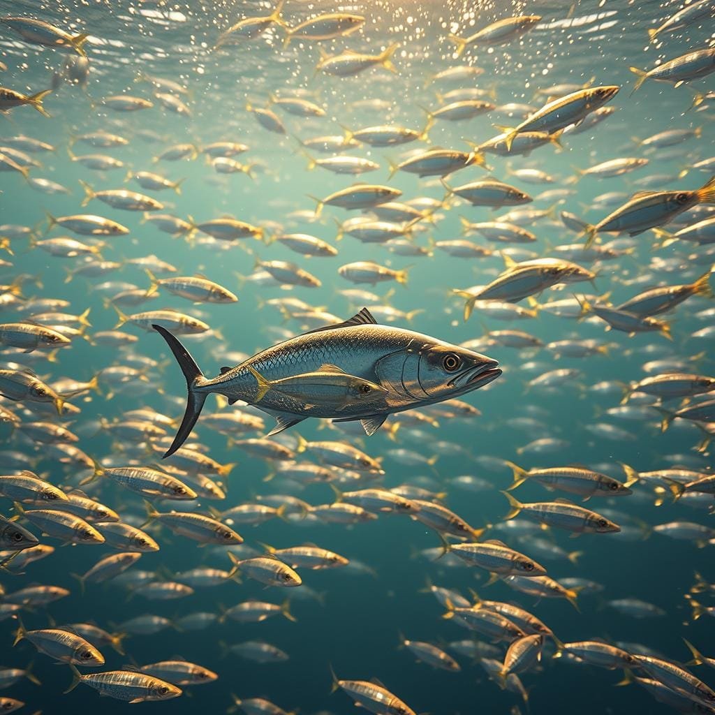 A school of shimmering, silvery baitfish swimming in a clear, sunlit ocean, with a large, predatory bonito fish silently slicing through their ranks, its sleek, streamlined body cutting effortlessly through the water. The baitfish dart and scatter in a frenzied attempt to evade the bonito's lightning-fast strikes, their scales flashing like mirrors as they twist and turn. The scene is bathed in a warm, golden glow, creating a sense of drama and tension as the bonito pursues its prey, the water shimmering and sparkling around them.