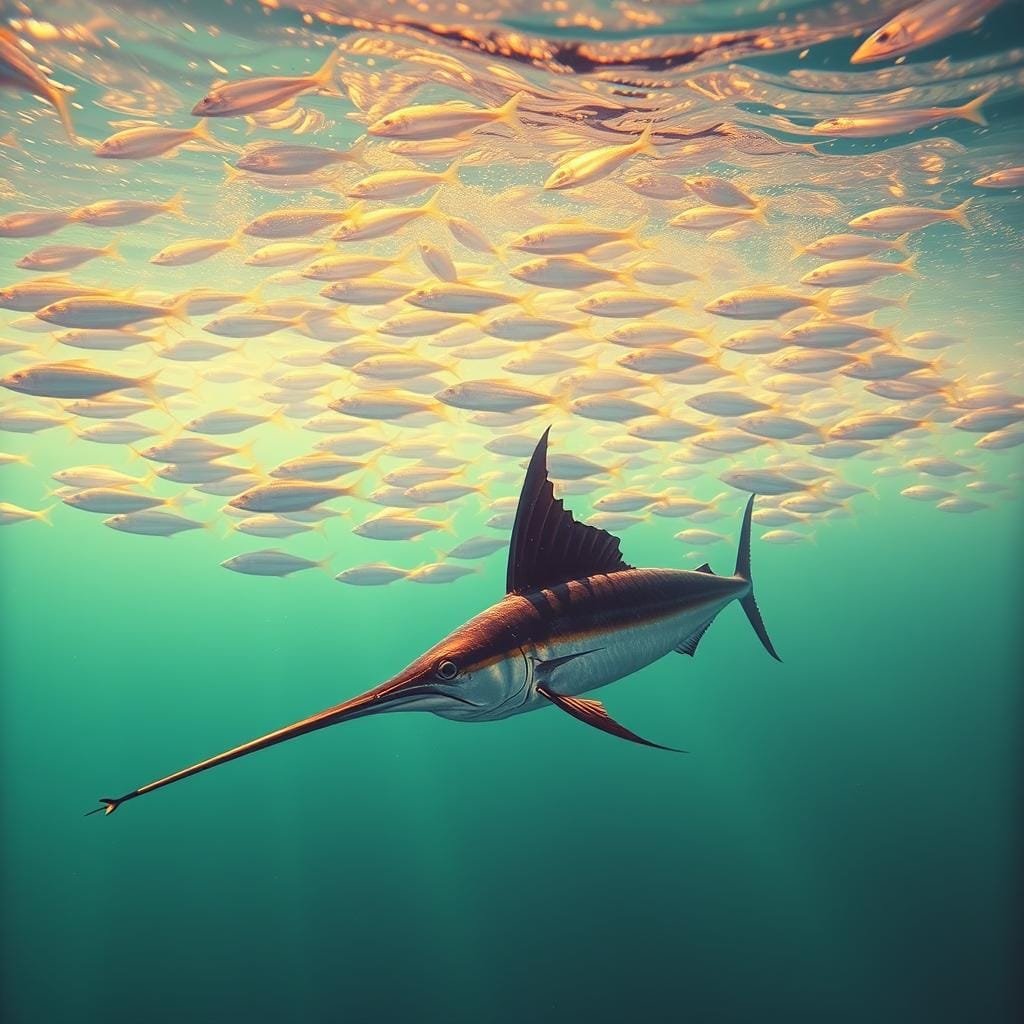 A school of vibrant, shimmering baitfish swims near the surface, their silvery scales reflecting the warm, golden sunlight that filters through the clear, turquoise waters. The fish move in a mesmerizing, synchronized pattern, creating a hypnotic visual display. In the foreground, the streamlined, muscular silhouette of a sailfish emerges, its long, pointed bill cutting through the water as it stalks its prey. The scene is captured with a wide-angle lens, providing a sense of depth and immersion, while the soft, diffused lighting and hazy atmosphere evoke a serene, tranquil mood, reminiscent of a tropical marine ecosystem. A school of vibrant, shimmering baitfish swims near the surface, their silvery scales reflecting the warm, golden sunlight that filters through the clear, turquoise waters. The fish move in a mesmerizing, synchronized pattern, creating a hypnotic visual display. In the foreground, the streamlined, muscular silhouette of a sailfish emerges, its long, pointed bill cutting through the water as it stalks its prey. The scene is captured with a wide-angle lens, providing a sense of depth and immersion, while the soft, diffused lighting and hazy atmosphere evoke a serene, tranquil mood, reminiscent of a tropical marine ecosystem.
