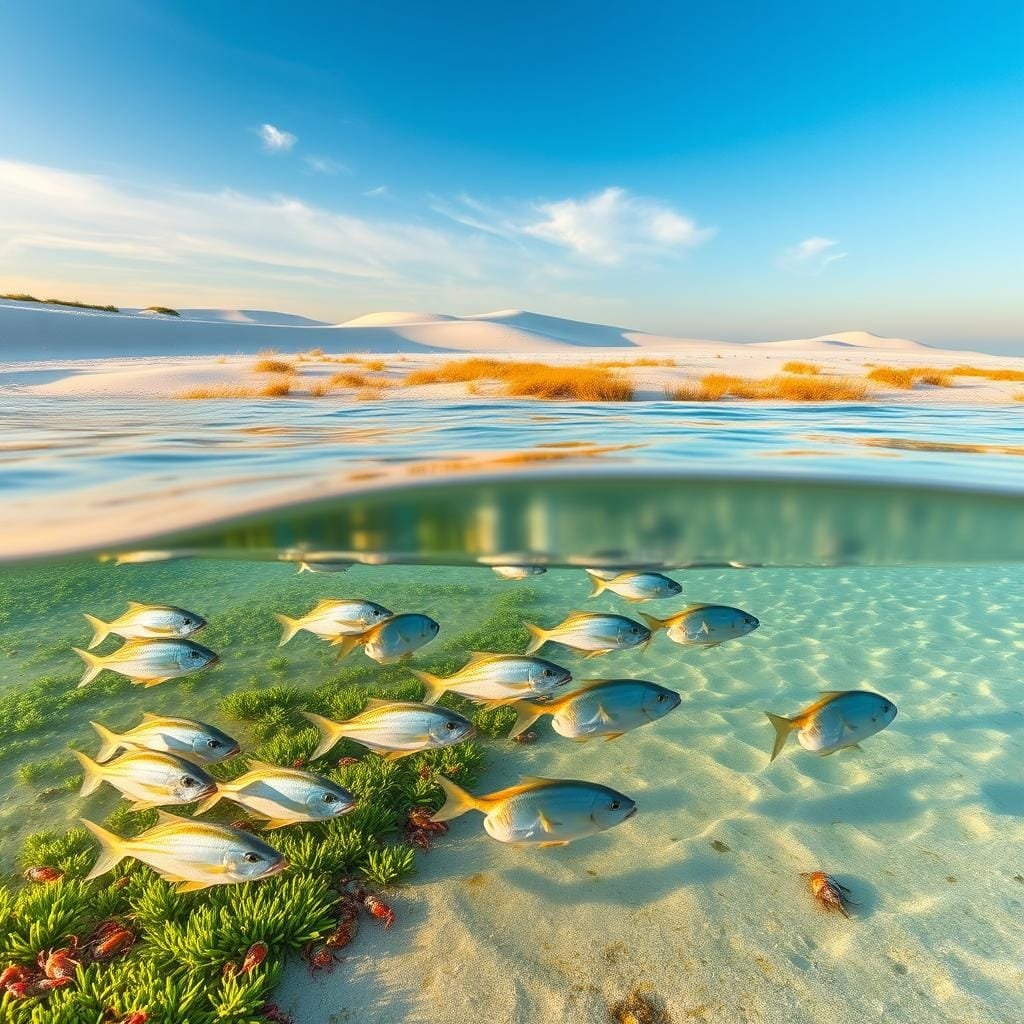 A serene coastal scene along the U.S. Atlantic and Gulf shores, captured during the different seasons. In the foreground, schools of pompano fish gracefully navigate the shallow waters, their silvery bodies glimmering in the soft, warm light. The middle ground reveals vibrant seagrass beds and colorful crustaceans, while the background showcases the gently undulating sand dunes and a vast, open sky transitioning from azure to golden hues, depending on the time of year. The composition is balanced, with a sense of depth and natural harmony, highlighting the seasonal feeding patterns of the pompano and their surrounding marine ecosystem. A serene coastal scene along the U.S. Atlantic and Gulf shores, captured during the different seasons. In the foreground, schools of pompano fish gracefully navigate the shallow waters, their silvery bodies glimmering in the soft, warm light. The middle ground reveals vibrant seagrass beds and colorful crustaceans, while the background showcases the gently undulating sand dunes and a vast, open sky transitioning from azure to golden hues, depending on the time of year. The composition is balanced, with a sense of depth and natural harmony, highlighting the seasonal feeding patterns of the pompano and their surrounding marine ecosystem.