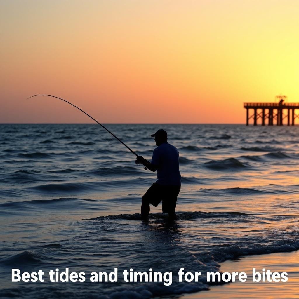 A serene coastal scene at dusk, with a fisherman standing knee-deep in the gently lapping waves, his line cast out into the fading light. The horizon is awash in a warm, golden glow, casting a soft, diffused light across the water. The fisherman's silhouette stands in sharp contrast, his stance and posture conveying a sense of patience and focus as he waits for the perfect moment to reel in his catch. In the distance, the outline of a pier or dock can be seen, hinting at the ideal location for intercepting the migratory patterns of the elusive snook. The overall mood is one of tranquility and anticipation, capturing the essence of the "Best tides and timing for more bites". A serene coastal scene at dusk, with a fisherman standing knee-deep in the gently lapping waves, his line cast out into the fading light. The horizon is awash in a warm, golden glow, casting a soft, diffused light across the water. The fisherman's silhouette stands in sharp contrast, his stance and posture conveying a sense of patience and focus as he waits for the perfect moment to reel in his catch. In the distance, the outline of a pier or dock can be seen, hinting at the ideal location for intercepting the migratory patterns of the elusive snook. The overall mood is one of tranquility and anticipation, capturing the essence of the "Best tides and timing for more bites".
