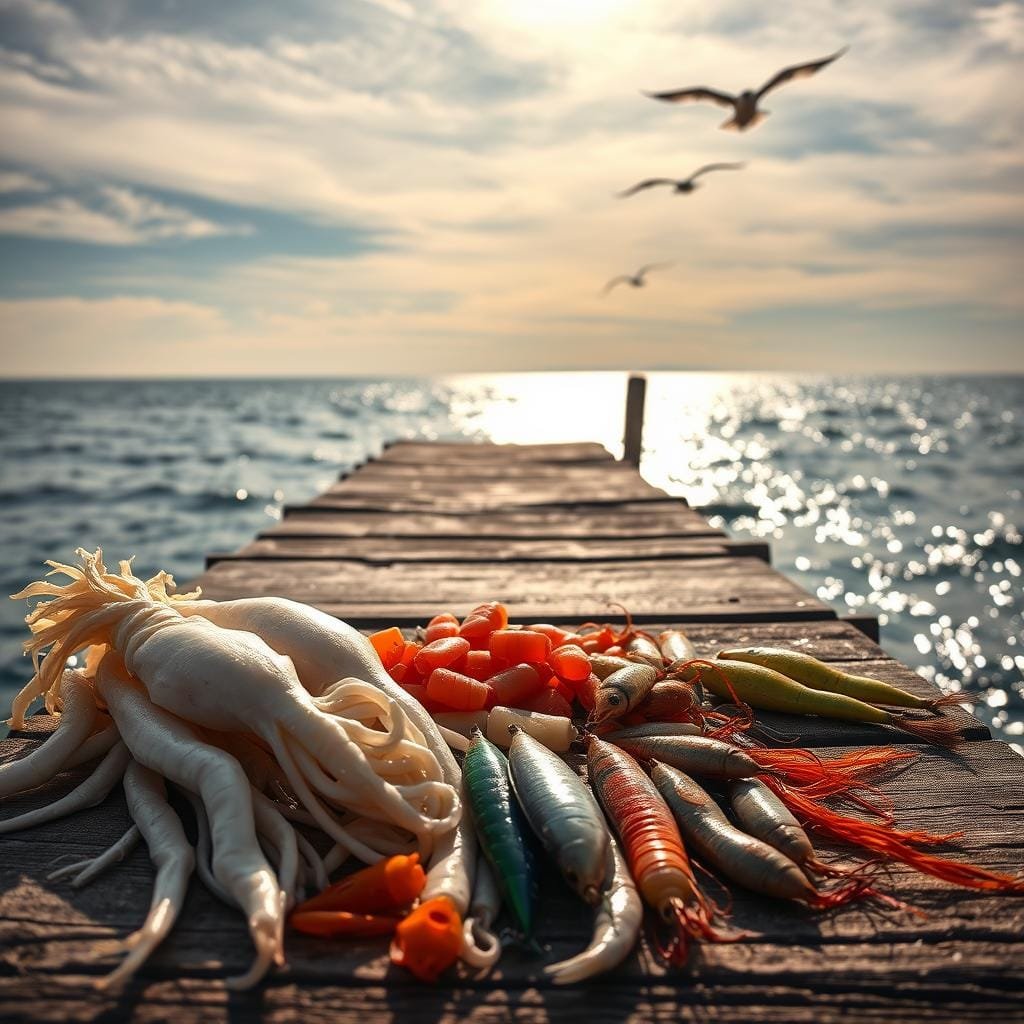A serene coastal scene, with sunlight filtering through wispy clouds. In the foreground, an array of bait options - fresh squid, live shrimp, and colorful artificial lures. The middle ground features a weathered wooden dock, its planks worn by the tides. In the background, the glistening surface of the ocean, dotted with the silhouettes of seabirds soaring overhead. The lighting is soft and natural, casting subtle shadows and highlights that accentuate the textures of the scene. The overall mood is one of tranquility and the anticipation of a successful fishing expedition, where the traditional bait could be the key to luring in the elusive spanish mackerel. A serene coastal scene, with sunlight filtering through wispy clouds. In the foreground, an array of bait options - fresh squid, live shrimp, and colorful artificial lures. The middle ground features a weathered wooden dock, its planks worn by the tides. In the background, the glistening surface of the ocean, dotted with the silhouettes of seabirds soaring overhead. The lighting is soft and natural, casting subtle shadows and highlights that accentuate the textures of the scene. The overall mood is one of tranquility and the anticipation of a successful fishing expedition, where the traditional bait could be the key to luring in the elusive spanish mackerel.