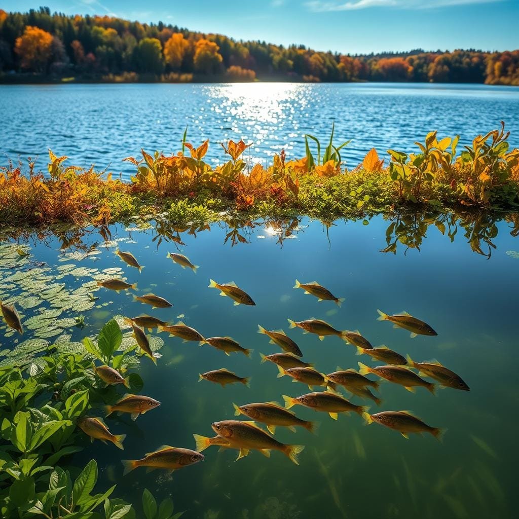 A serene lake during the changing seasons, with a focus on the impact of water temperature on yellow perch feeding habits. In the foreground, schools of yellow perch swim amidst lush aquatic vegetation, their movements influenced by the fluctuating water temperatures. The middle ground captures the transition from summer to autumn, with the sun's warm rays filtering through the shifting foliage on the shoreline. In the background, a panoramic view of the lake reveals the gradual temperature changes, from the vibrant blues of summer to the cooler hues of autumn. The lighting is soft and diffused, creating a sense of tranquility and the delicate balance between the aquatic ecosystem and its seasonal changes.