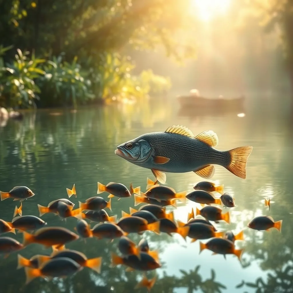 A serene lake surrounded by lush vegetation, with a shoal of tilapia swimming in the foreground. In the mid-ground, a large bass lurks, its predatory gaze fixed on the tilapia. Soft, diffused sunlight filters through the canopy, casting a warm, golden glow over the scene. The water's surface is calm, reflecting the tranquil environment. The overall mood is one of balanced ecosystems, where the predator-prey dynamics between tilapia and bass play a crucial role in maintaining lake productivity. A serene lake surrounded by lush vegetation, with a shoal of tilapia swimming in the foreground. In the mid-ground, a large bass lurks, its predatory gaze fixed on the tilapia. Soft, diffused sunlight filters through the canopy, casting a warm, golden glow over the scene. The water's surface is calm, reflecting the tranquil environment. The overall mood is one of balanced ecosystems, where the predator-prey dynamics between tilapia and bass play a crucial role in maintaining lake productivity.