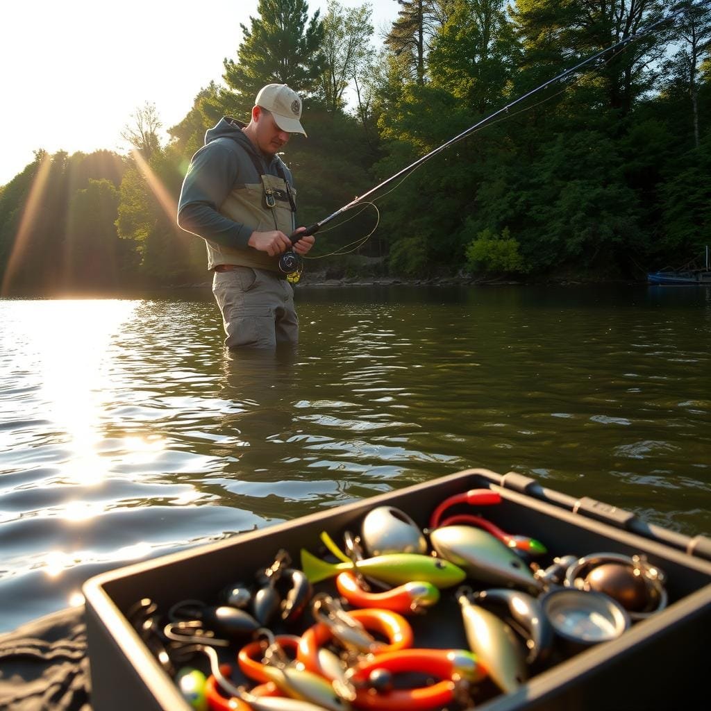 A serene lakeside scene, with a skilled angler casting a line into the clear, rippling waters. The sun's golden rays filter through the verdant foliage, casting a warm glow over the tranquil setting. In the foreground, a well-stocked tackle box and assortment of lures and hooks lie ready for the hunt. The angler, dressed in rugged outdoor gear, stands poised, their eyes scanning the surface for the telltale signs of a smallmouth bass lurking beneath the surface. The composition captures the anticipation and patience required to successfully land these elusive, hard-fighting gamefish. A serene lakeside scene, with a skilled angler casting a line into the clear, rippling waters. The sun's golden rays filter through the verdant foliage, casting a warm glow over the tranquil setting. In the foreground, a well-stocked tackle box and assortment of lures and hooks lie ready for the hunt. The angler, dressed in rugged outdoor gear, stands poised, their eyes scanning the surface for the telltale signs of a smallmouth bass lurking beneath the surface. The composition captures the anticipation and patience required to successfully land these elusive, hard-fighting gamefish.