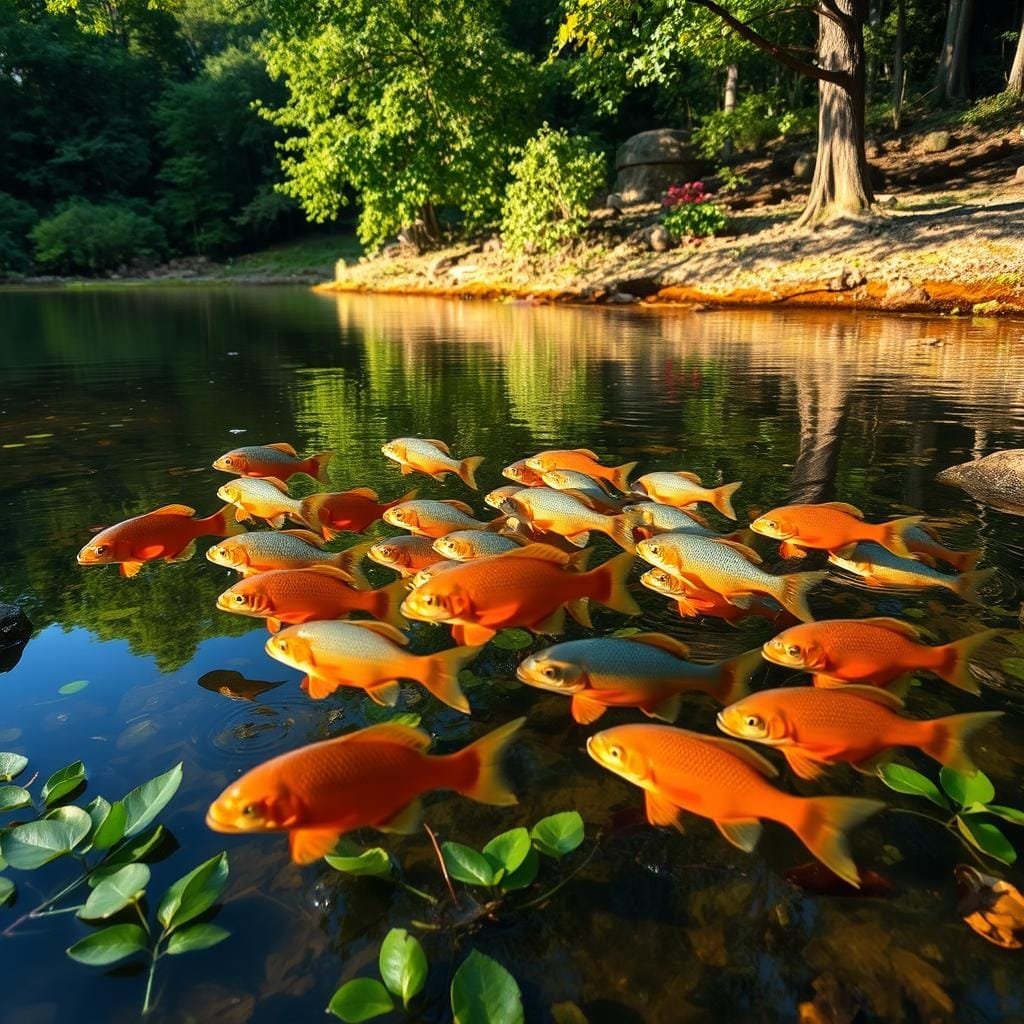 A serene lakeside setting, the surface of the water reflecting the surrounding foliage. In the foreground, a school of pumpkinseed fish can be seen swimming amidst the aquatic plants, their vibrant orange and blue hues shimmering in the soft, warm lighting. The middle ground features a gently sloping bank, dotted with fallen leaves and partially submerged rocks, while the background depicts a lush, verdant forest canopy, casting dappled shadows across the scene. The overall mood is one of tranquility and natural abundance, inviting the viewer to imagine the perfect spot to cast a line and catch these captivating freshwater sunfish. A serene lakeside setting, the surface of the water reflecting the surrounding foliage. In the foreground, a school of pumpkinseed fish can be seen swimming amidst the aquatic plants, their vibrant orange and blue hues shimmering in the soft, warm lighting. The middle ground features a gently sloping bank, dotted with fallen leaves and partially submerged rocks, while the background depicts a lush, verdant forest canopy, casting dappled shadows across the scene. The overall mood is one of tranquility and natural abundance, inviting the viewer to imagine the perfect spot to cast a line and catch these captivating freshwater sunfish.