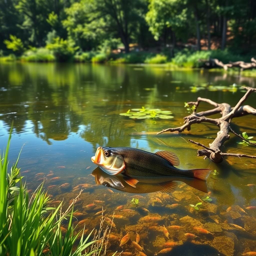 A serene lakeside setting, with a lush, verdant shoreline framing a calm, reflective surface. In the foreground, a largemouth bass carefully surveys its surroundings, its broad, muscular body poised to strike at its prey. The middle ground reveals a diverse aquatic ecosystem, with schools of smaller fish, aquatic plants, and a fallen tree branch creating intricate hiding spots. The background depicts a densely wooded forest, dappled with sunlight filtering through the canopy, setting the scene for a harmonious coexistence between the bass and its natural habitat.