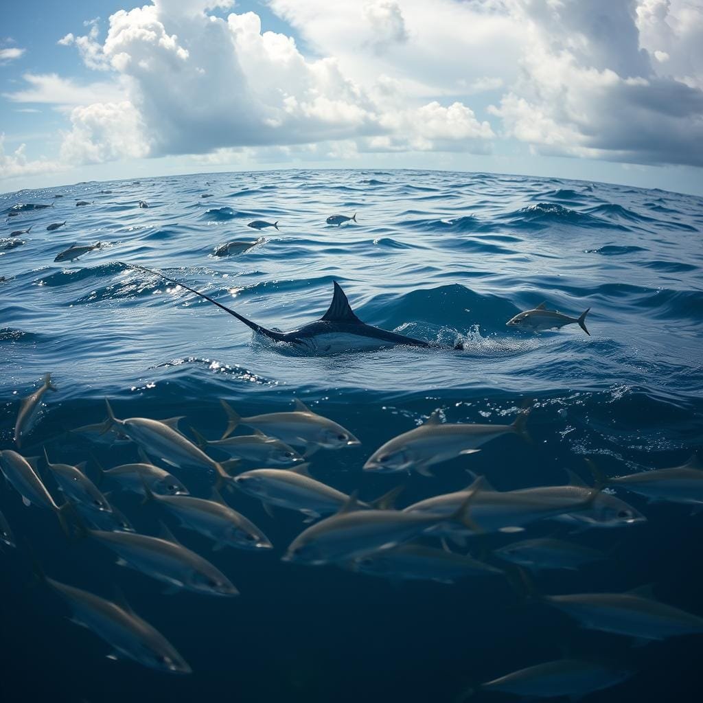 A serene ocean scene with a school of migratory fish in the foreground, their scales shimmering in the dappled sunlight. In the middle ground, a lone marlin gracefully navigates the current, its muscular body poised to strike. The background depicts a shifting seascape, with clouds casting shadows on the undulating waves, hinting at the seasonal changes that influence the marlin's prey. The composition is balanced, with a sense of depth and movement, captured through a wide-angle lens that immerses the viewer in the dynamic underwater ecosystem.