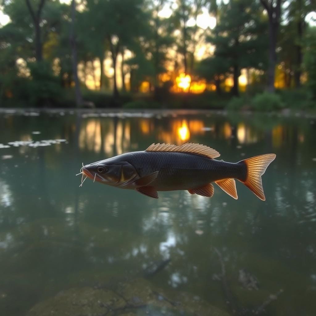 A serene pond at dusk, reflecting the changing seasons. In the foreground, a channel catfish swims gracefully, its whiskers gently undulating as it senses the shifting temperatures. Surrounding the pond, a lush forest canopy casts dappled light, hinting at the ebb and flow of seasons. The catfish's movements are slow and deliberate, adapting to the seasonal cues that govern its feeding habits. A warm, golden glow emanates from the horizon, creating a tranquil, atmospheric scene that captures the delicate interplay between seasonal rhythms and a catfish's instinctual responses.