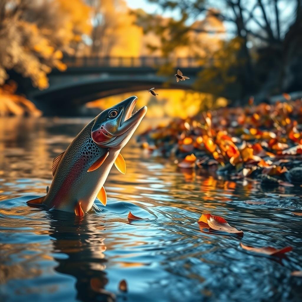 A serene river scene in golden autumn lighting, showcasing the seasonal feeding patterns of rainbow trout. In the foreground, a trout rises from the water, its mouth open to catch a drifting insect. The middle ground features a bank lined with vibrant foliage, with fallen leaves swirling in the gentle current. In the background, a bridge arches over the river, casting soft shadows. The overall atmosphere is one of tranquility and the natural cycle of the seasons, capturing the essence of how a rainbow trout's diet changes throughout the year.