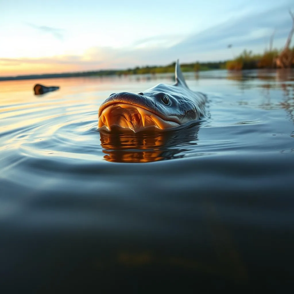 A serene riverbank at dusk, with a flathead catfish gracefully rising from the murky waters to feed. The surface gently ripples, casting ethereal reflections as the fish's broad head breaks the surface, revealing its wide mouth agape and poised to capture its prey. Submerged logs and aquatic vegetation provide cover, while the warm, golden light of the setting sun casts a soft, atmospheric glow over the scene. The camera's perspective is low, immersing the viewer in the flathead's natural habitat and the rhythmic, primordial nature of its feeding behavior.