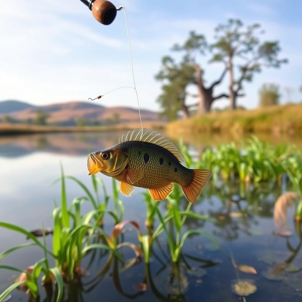 A serene still fishing scene showcasing a pumpkinseed sunfish. In the foreground, a fishing rod with a delicate line and small hook, poised over a tranquil pond. The middle ground features lush aquatic vegetation, with the pumpkinseed gracefully swimming amidst the swaying plants. The background is a picturesque landscape, with rolling hills, towering trees, and a soft, diffused natural light filtering through the scene. The overall atmosphere is one of peaceful contemplation, inviting the viewer to immerse themselves in the art of still fishing for this vibrant and captivating freshwater species. A serene still fishing scene showcasing a pumpkinseed sunfish. In the foreground, a fishing rod with a delicate line and small hook, poised over a tranquil pond. The middle ground features lush aquatic vegetation, with the pumpkinseed gracefully swimming amidst the swaying plants. The background is a picturesque landscape, with rolling hills, towering trees, and a soft, diffused natural light filtering through the scene. The overall atmosphere is one of peaceful contemplation, inviting the viewer to immerse themselves in the art of still fishing for this vibrant and captivating freshwater species.