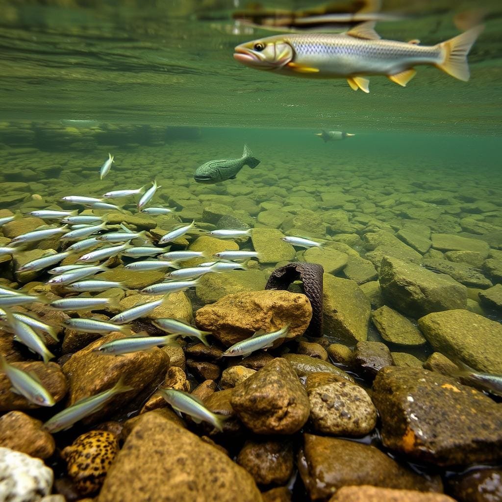 A serene streambed teems with life. In the foreground, a school of minnows dart through the crystal-clear water, their silvery scales glimmering. Nestled among the rocks, a sculpin lies in wait, its camouflaged body poised to ambush its next meal. Drifting above, a trout hovers, its keen eyes scanning the surface for any sign of a fallen insect or a succulent egg cluster. The scene is bathed in the soft, diffused light of an overcast day, creating a sense of tranquility and abundance in this aquatic ecosystem.