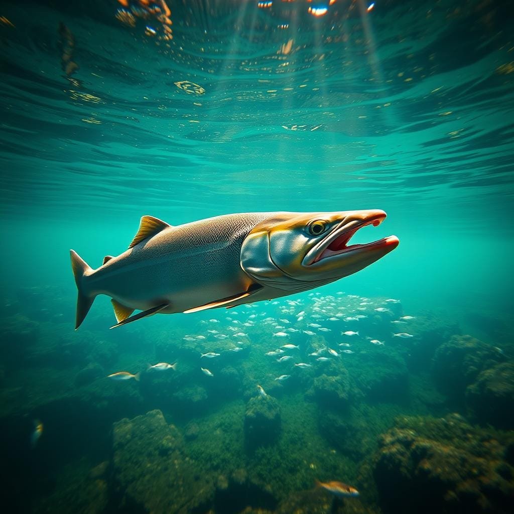 A serene underwater scene of a lake trout hunting its prey. In the foreground, a majestic lake trout, its sleek and powerful body gliding effortlessly through the crystal-clear waters, its jaws agape, ready to engulf a smaller fish. The middle ground features a school of smaller baitfish, their silvery scales glinting in the filtered sunlight that streams through the water's surface. In the background, a lush underwater landscape of aquatic plants and rocks, creating a natural and captivating environment. The lighting is soft and diffused, casting a warm, ethereal glow on the scene, conveying a sense of tranquility and the predator-prey dynamic at play in the lake's ecosystem. A serene underwater scene of a lake trout hunting its prey. In the foreground, a majestic lake trout, its sleek and powerful body gliding effortlessly through the crystal-clear waters, its jaws agape, ready to engulf a smaller fish. The middle ground features a school of smaller baitfish, their silvery scales glinting in the filtered sunlight that streams through the water's surface. In the background, a lush underwater landscape of aquatic plants and rocks, creating a natural and captivating environment. The lighting is soft and diffused, casting a warm, ethereal glow on the scene, conveying a sense of tranquility and the predator-prey dynamic at play in the lake's ecosystem.