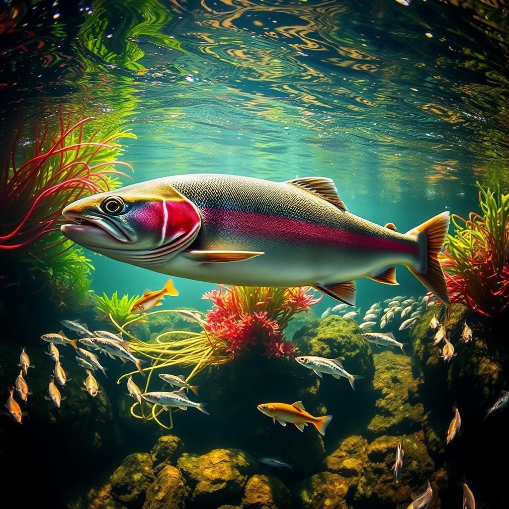 A serene underwater scene with a mature rainbow trout gracefully swimming among a school of small fish and minnows. The trout's keen eyes and powerful jaws are focused on its prey, which dart and weave through the cool, clear water. Vibrant aquatic plants sway in the current, casting dappled shadows on the rocky riverbed. Sunlight filters down, illuminating the diverse ecosystem in a warm, natural glow. The composition captures the trout's predatory instincts and the delicate balance of life within this freshwater habitat.