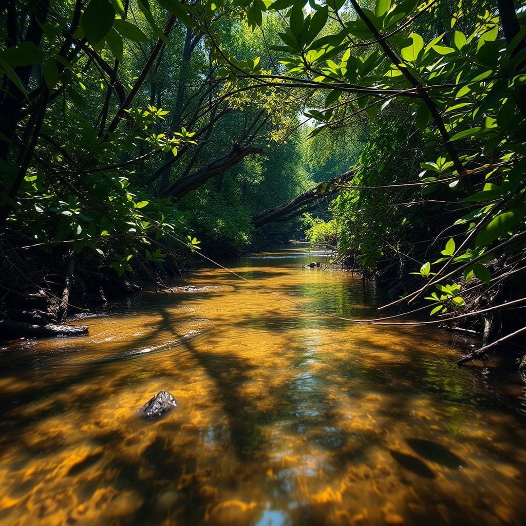 A shallow riverbed surrounded by dense foliage and heavy cover. A skilled angler, their tackle and lures carefully selected, approaches the water's edge. Sunlight filters through the canopy, casting dramatic shadows. The angler's movements are calculated, their presentation tactics honed to perfection. Warmouth lurk within the complex, three-dimensional environment, their hideaways and ambush points well-concealed. The angler's line, nearly invisible, dances gracefully across the surface, enticing the wary fish to strike. Tension builds as the angler waits patiently, ready to set the hook and engage in an epic battle. A shallow riverbed surrounded by dense foliage and heavy cover. A skilled angler, their tackle and lures carefully selected, approaches the water's edge. Sunlight filters through the canopy, casting dramatic shadows. The angler's movements are calculated, their presentation tactics honed to perfection. Warmouth lurk within the complex, three-dimensional environment, their hideaways and ambush points well-concealed. The angler's line, nearly invisible, dances gracefully across the surface, enticing the wary fish to strike. Tension builds as the angler waits patiently, ready to set the hook and engage in an epic battle.