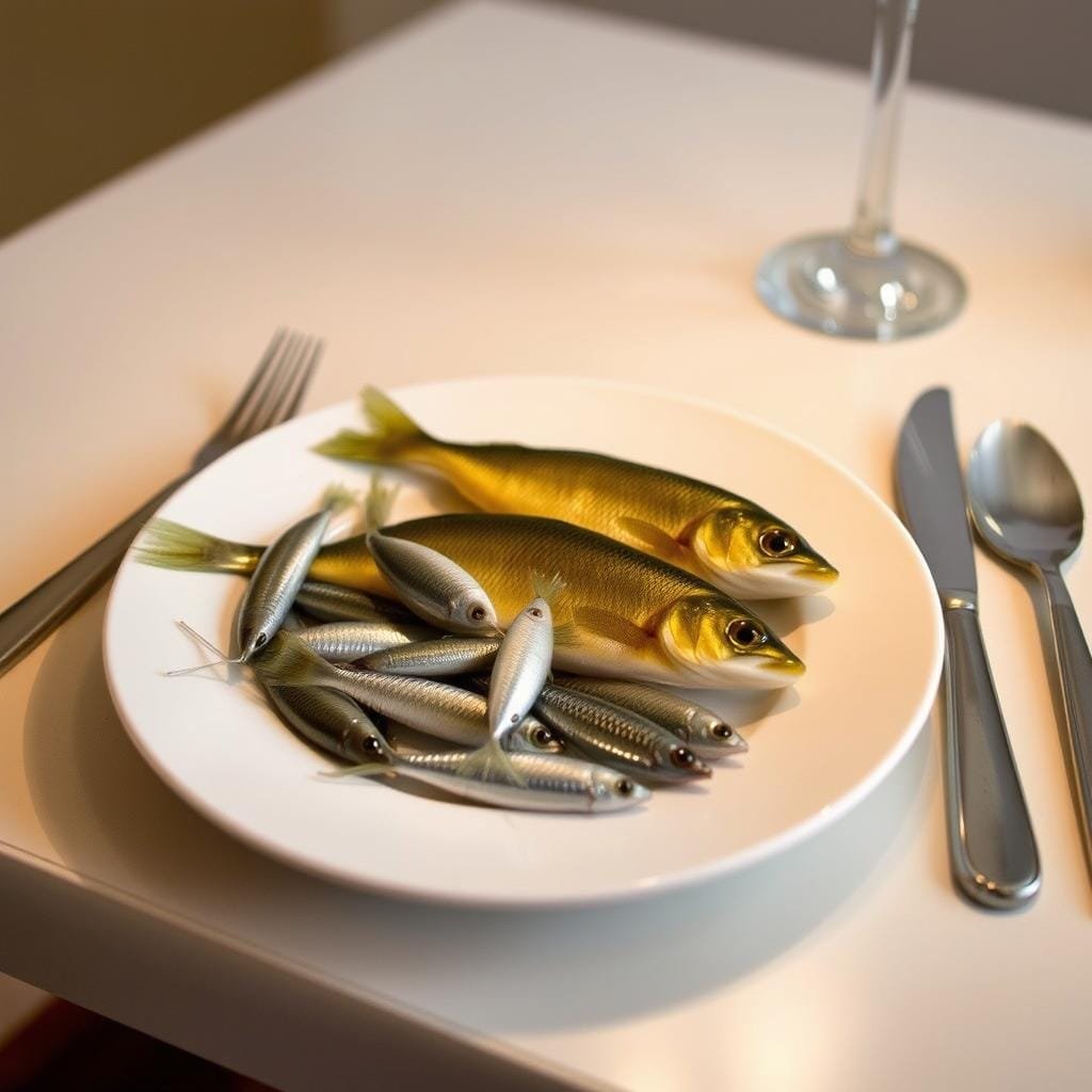A small, well-lit table set with a white plate and simple cutlery. On the plate, two types of freshwater fish - minnows and yellow perch - arranged artfully. The minnows, their silvery scales glinting, are placed in the foreground, while the larger yellow perch occupy the middle ground. A neutral, slightly blurred background suggests a simple, minimalist setting, allowing the focus to remain on the delicate fish. The lighting, from an unseen source above, casts a soft, natural glow, highlighting the textures and colors of the tiny swimmers. This serene, appetizing scene captures the essence of "Small fish on the menu: minnows and yellow perch".