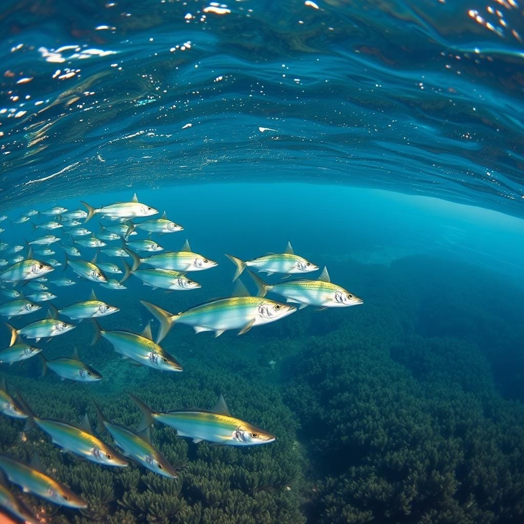 A sprawling seascape set in the sparkling waters of the Atlantic Ocean. In the foreground, a school of vibrant Spanish mackerel gracefully navigates the current, their sleek, silvery bodies undulating with effortless precision. The middle ground reveals their coastal habitat, a lush, submerged kelp forest teeming with diverse marine life. In the distance, a panoramic vista of rolling blue waves and a hazy horizon, hinting at the mackerel's expansive migratory routes. Soft, diffused lighting filters through the water, creating a serene, naturalistic atmosphere. Captured with a wide-angle lens to showcase the depth and scale of this dynamic ecosystem. A sprawling seascape set in the sparkling waters of the Atlantic Ocean. In the foreground, a school of vibrant Spanish mackerel gracefully navigates the current, their sleek, silvery bodies undulating with effortless precision. The middle ground reveals their coastal habitat, a lush, submerged kelp forest teeming with diverse marine life. In the distance, a panoramic vista of rolling blue waves and a hazy horizon, hinting at the mackerel's expansive migratory routes. Soft, diffused lighting filters through the water, creating a serene, naturalistic atmosphere. Captured with a wide-angle lens to showcase the depth and scale of this dynamic ecosystem.