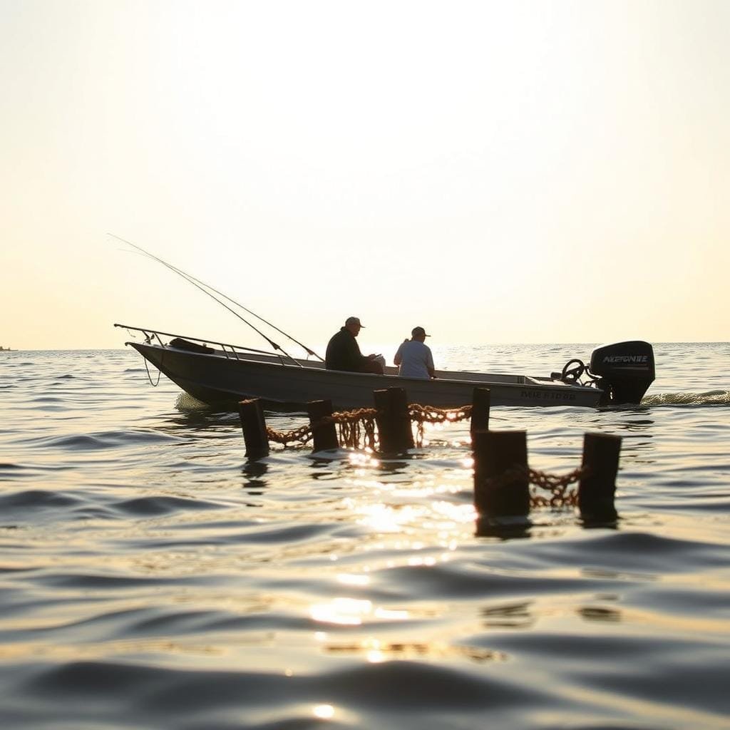 A stealthy fishing boat quietly navigates the calm waters, carefully positioning itself near a submerged structure. The sun casts a warm, golden glow, illuminating the scene. The boat's occupants, dressed in muted colors, observe the surroundings with keen eyes, ready to cast their lines into the perfect spot. The structure, partially obscured by the water's surface, creates an intriguing focal point, hinting at the potential hiding places for the elusive sheepshead. The composition balances the boat, the structure, and the serene environment, capturing the essence of the "Stealth and boat positioning around structure" section of the article.