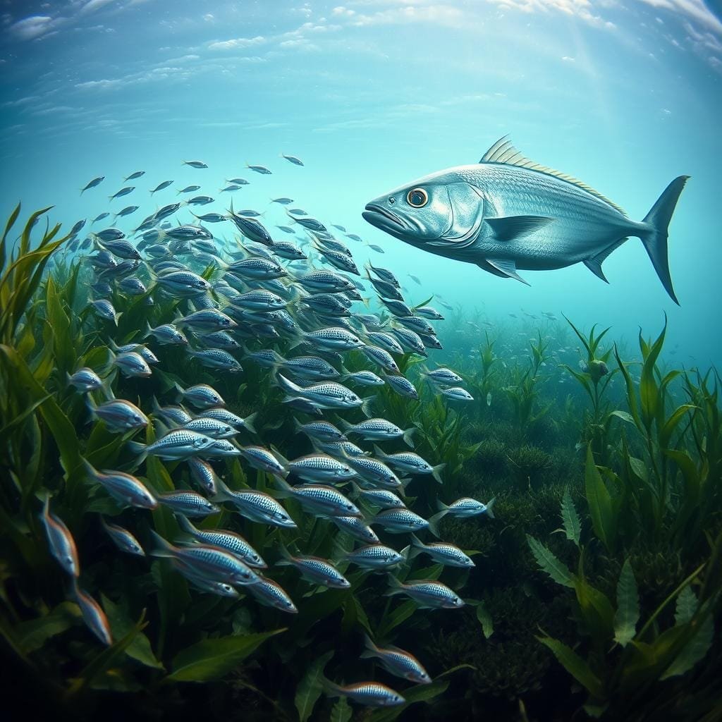 A striking scene of a bluefish life cycle. In the foreground, young fry swim among lush aquatic plants, their silvery scales glinting in the soft, diffused lighting. In the middle ground, a school of larger juvenile bluefish hunt smaller baitfish, their powerful jaws open wide. In the distant background, a massive adult bluefish, its sleek, muscular body gleaming, prowls the open waters, ready to ambush any prey that crosses its path. The overall mood is one of the dynamic, predatory nature of the bluefish, from its vulnerable youth to its apex predator status. Captured with a wide-angle lens to emphasize the depth and scale of the underwater ecosystem. A striking scene of a bluefish life cycle. In the foreground, young fry swim among lush aquatic plants, their silvery scales glinting in the soft, diffused lighting. In the middle ground, a school of larger juvenile bluefish hunt smaller baitfish, their powerful jaws open wide. In the distant background, a massive adult bluefish, its sleek, muscular body gleaming, prowls the open waters, ready to ambush any prey that crosses its path. The overall mood is one of the dynamic, predatory nature of the bluefish, from its vulnerable youth to its apex predator status. Captured with a wide-angle lens to emphasize the depth and scale of the underwater ecosystem.