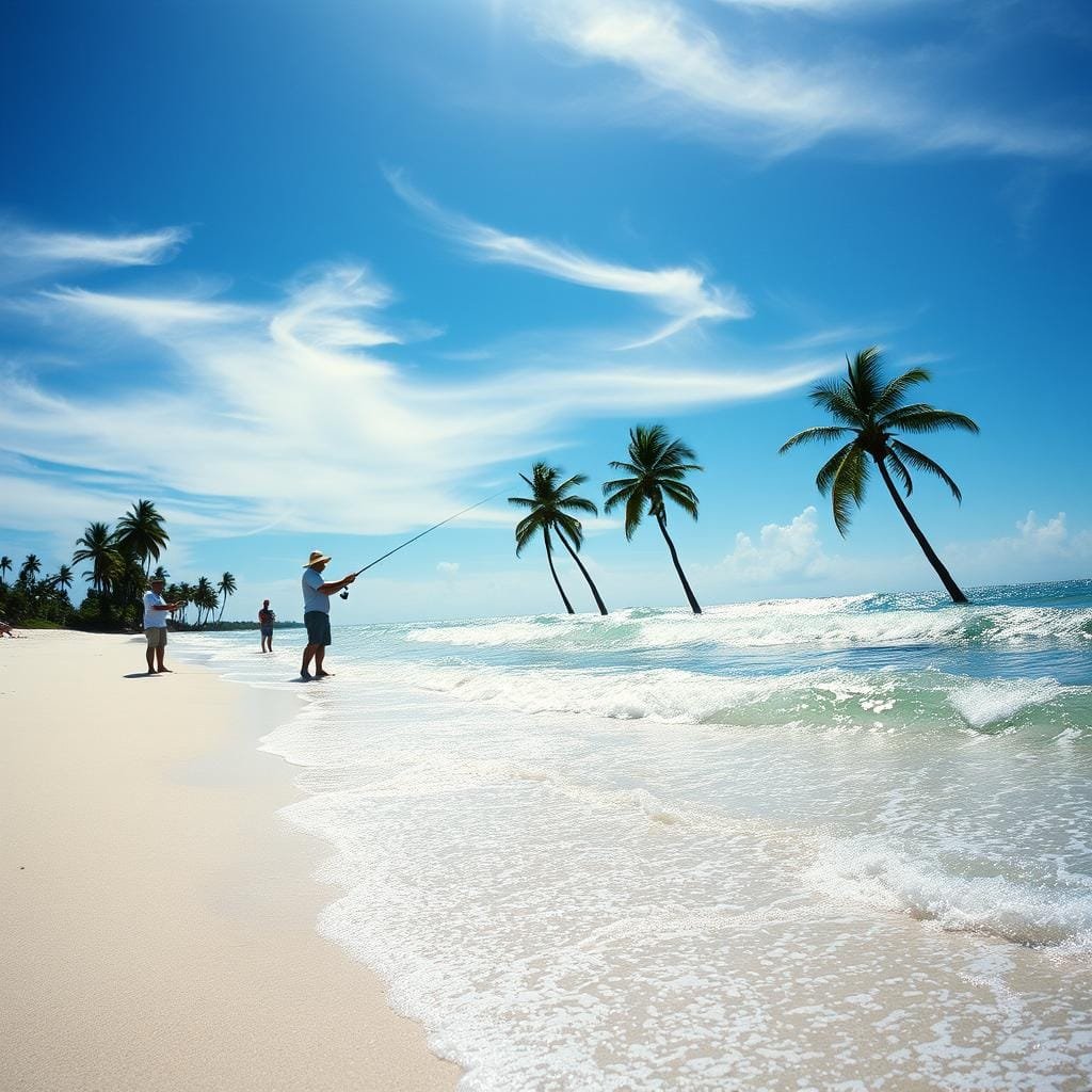 A sun-dappled beach, the Atlantic waves lapping at the shore. In the foreground, anglers casting their lines, targeting the elusive tarpon as they migrate northward. A classic 35mm lens captures the scene, highlighting the textures of the sand and the shimmer of the water. The background is a panoramic vista of palm trees swaying in the gentle breeze, the sky a brilliant azure, punctuated by wispy clouds. The mood is one of tranquility and anticipation, the perfect conditions for this seasonal pursuit. The timing is precise, as the tarpon arrive in their prime, seeking the nutrient-rich waters of the nearshore environment.