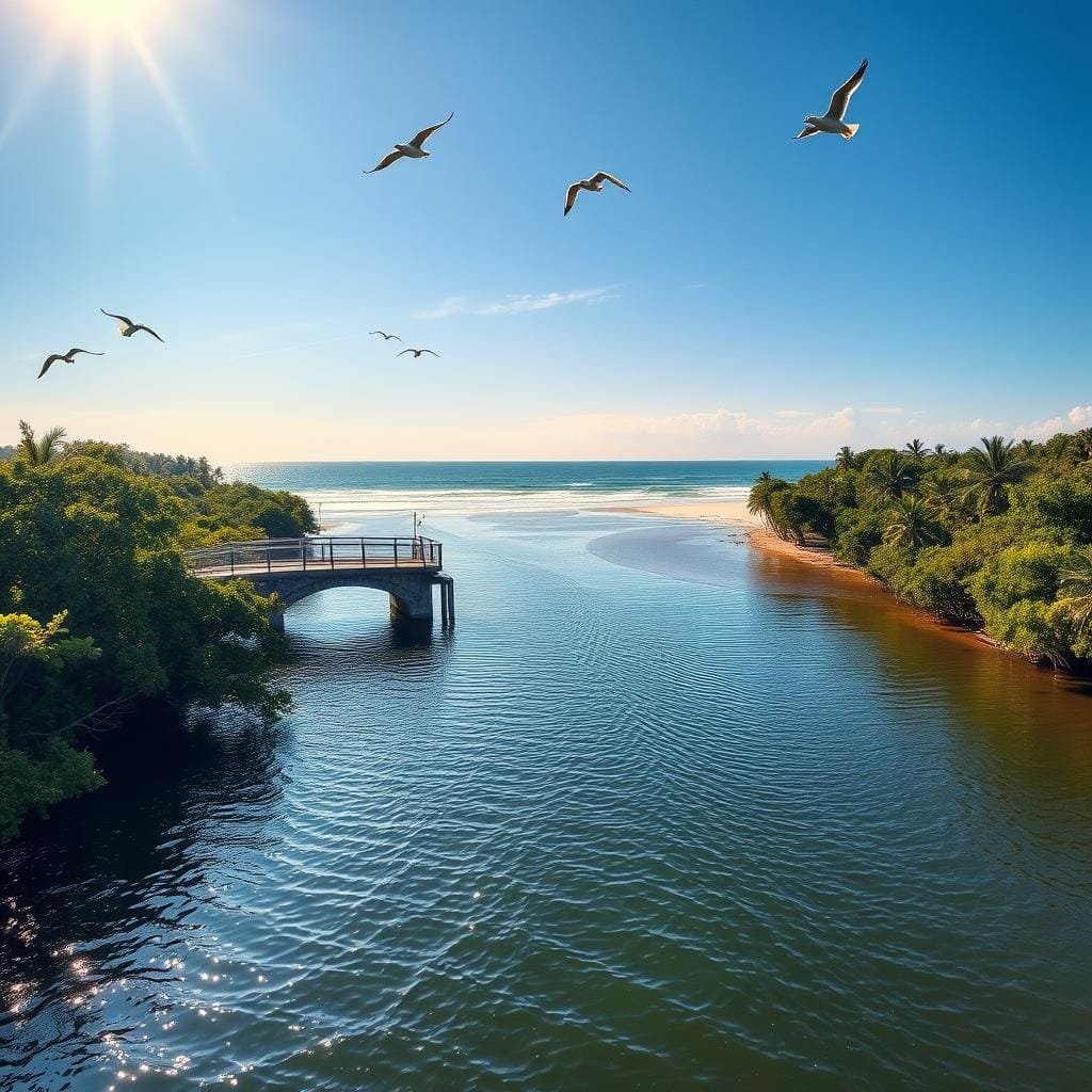 A sun-dappled coastal landscape, with a serene intracoastal waterway meandering through lush mangroves. In the foreground, a picturesque bridge arches gracefully over the water, its reflection rippling in the gentle current. Beyond, the mouth of a river empties into the open ocean, where waves crash against the sandy beach. Seabirds soar overhead, casting dramatic shadows on the scene. The lighting is warm and golden, capturing the essence of a Florida coastal paradise. Captured with a wide-angle lens to showcase the breathtaking vistas, this image invites the viewer to imagine the perfect spot to cast a line and hunt for the elusive snook. A sun-dappled coastal landscape, with a serene intracoastal waterway meandering through lush mangroves. In the foreground, a picturesque bridge arches gracefully over the water, its reflection rippling in the gentle current. Beyond, the mouth of a river empties into the open ocean, where waves crash against the sandy beach. Seabirds soar overhead, casting dramatic shadows on the scene. The lighting is warm and golden, capturing the essence of a Florida coastal paradise. Captured with a wide-angle lens to showcase the breathtaking vistas, this image invites the viewer to imagine the perfect spot to cast a line and hunt for the elusive snook.