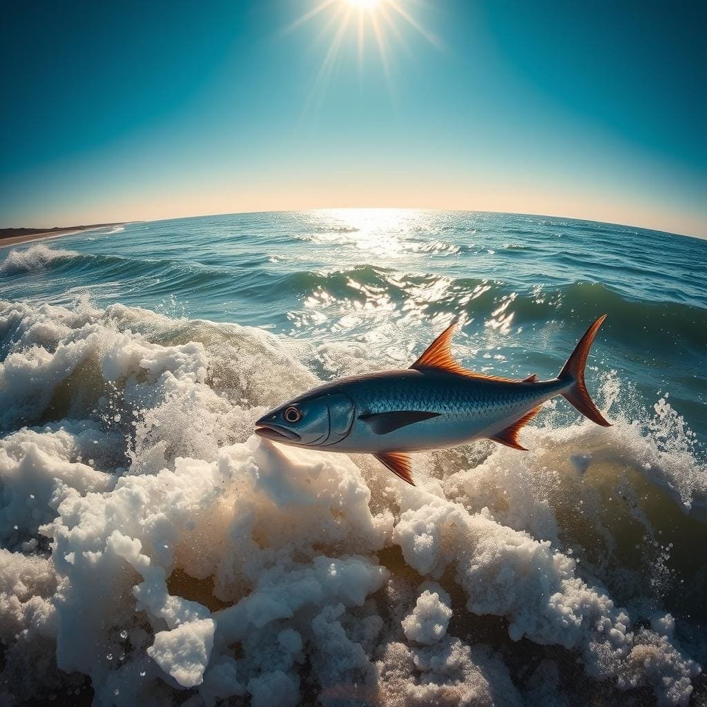 A sun-dappled coastal scene, where bluefish prowl the surf zone, hunting for baitfish amid the crashing waves. In the middle ground, a tranquil estuary, its brackish waters teeming with smaller prey. Beyond, the open ocean shimmers, the pelagic edge a bustling aquatic highway where bluefish ambush their next meal. Capture this dynamic ecosystem in a wide-angle, cinematic composition, with warm golden lighting and a sense of depth and movement, showcasing the varied habitats where these voracious predators find sustenance. A sun-dappled coastal scene, where bluefish prowl the surf zone, hunting for baitfish amid the crashing waves. In the middle ground, a tranquil estuary, its brackish waters teeming with smaller prey. Beyond, the open ocean shimmers, the pelagic edge a bustling aquatic highway where bluefish ambush their next meal. Capture this dynamic ecosystem in a wide-angle, cinematic composition, with warm golden lighting and a sense of depth and movement, showcasing the varied habitats where these voracious predators find sustenance.
