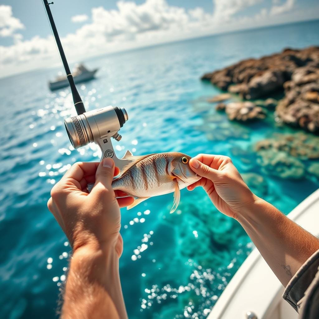 A sun-dappled fishing boat drifts on a calm, azure sea. In the foreground, an angler's hands delicately tie a light spinning reel to a slender graphite rod, preparing a rig optimized for targeting triggerfish. The middle ground showcases an array of lures, jigs, and live baits suited for these wary reef dwellers. In the background, a pristine coral reef teems with vibrant marine life, hinting at the prime habitat where these resilient gamefish lurk. Soft, natural lighting and a shallow depth of field evoke an atmosphere of tranquility and focus, capturing the essence of a successful triggerfish expedition.
