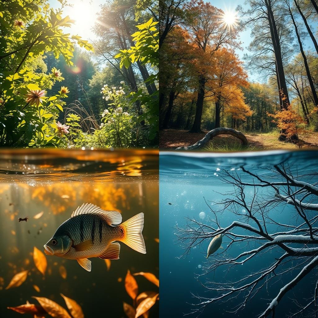 A sun-dappled forest clearing in four seasonal scenes. In spring, a crappie swims amidst lush, verdant foliage and flowers. In summer, it hunts insects near the water's surface under a bright, cloudless sky. As autumn arrives, the crappie darts between fallen leaves and golden-hued trees. In winter, it hovers near the lake bottom, surrounded by bare branches and a dusting of snow. Realistic lighting, detailed textures, and a sense of depth and movement capture the crappie's seasonal feeding patterns throughout the year. A sun-dappled forest clearing in four seasonal scenes. In spring, a crappie swims amidst lush, verdant foliage and flowers. In summer, it hunts insects near the water's surface under a bright, cloudless sky. As autumn arrives, the crappie darts between fallen leaves and golden-hued trees. In winter, it hovers near the lake bottom, surrounded by bare branches and a dusting of snow. Realistic lighting, detailed textures, and a sense of depth and movement capture the crappie's seasonal feeding patterns throughout the year.