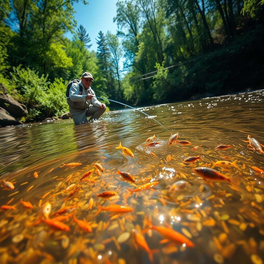 A sun-dappled stream flows through a lush riverbank, where a skilled angler stands knee-deep, casting a delicate fly into the water. In the foreground, a variety of baitfish and crustaceans swarm the surface, their colors and movements mirroring the natural forage. The angler's keen eyes scan the water, detecting a sudden "blitz" of bluefish as they aggressively chase their prey. With a deft flick of the wrist, the angler presents a fly that perfectly matches the hatch, anticipating the bluefish's next move. The scene is captured with a cinematic wide-angle lens, emphasizing the harmony between the angler, the fish, and the dynamic natural environment. A sun-dappled stream flows through a lush riverbank, where a skilled angler stands knee-deep, casting a delicate fly into the water. In the foreground, a variety of baitfish and crustaceans swarm the surface, their colors and movements mirroring the natural forage. The angler's keen eyes scan the water, detecting a sudden "blitz" of bluefish as they aggressively chase their prey. With a deft flick of the wrist, the angler presents a fly that perfectly matches the hatch, anticipating the bluefish's next move. The scene is captured with a cinematic wide-angle lens, emphasizing the harmony between the angler, the fish, and the dynamic natural environment.