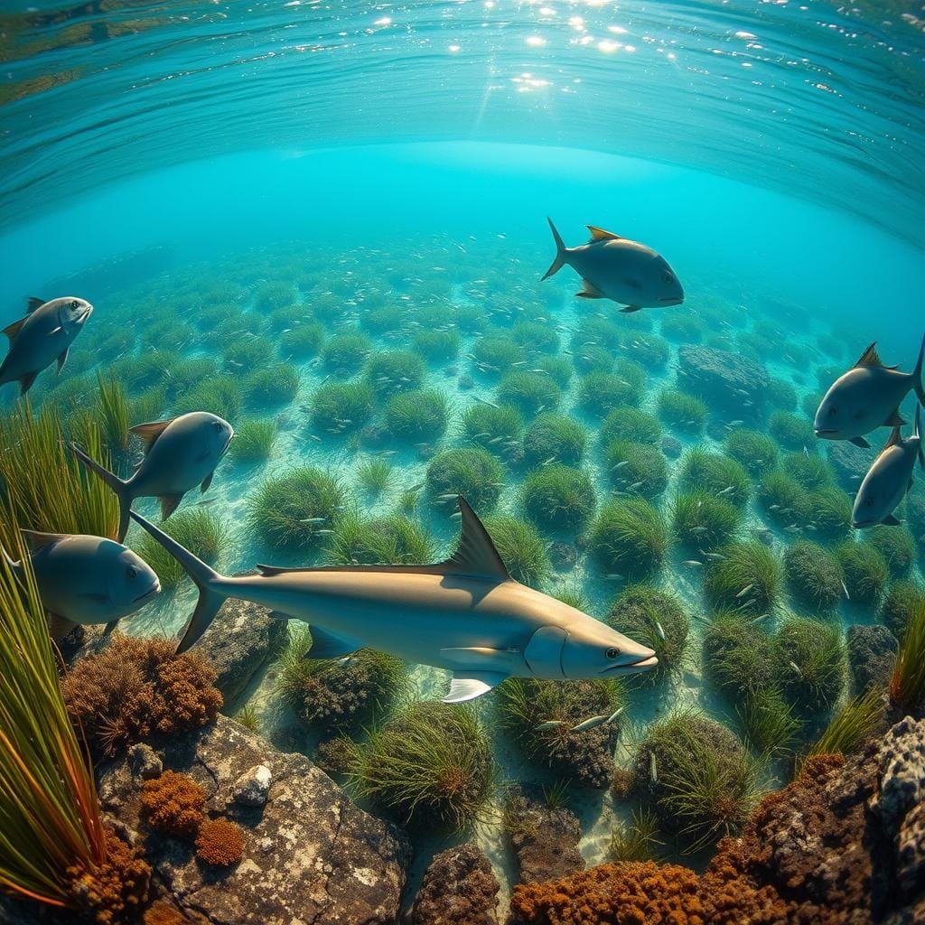 A sunlit seascape in the shallow waters of the U.S. Gulf Coast, where schools of silvery cobia dart between swaying seagrass beds and rocky outcroppings. In the foreground, a cobia gracefully glides, its sleek, tapered body optimized for hunting. The middle ground reveals a vibrant underwater ecosystem, with schools of smaller fish and crustaceans providing abundant forage. The distant background depicts a hazy, sun-dappled horizon, suggesting the expansive nature of the cobia's domain. The scene conveys a sense of balance and harmony, where the cobia seamlessly integrates into its marine environment, thriving on the rich diversity of its aquatic prey.