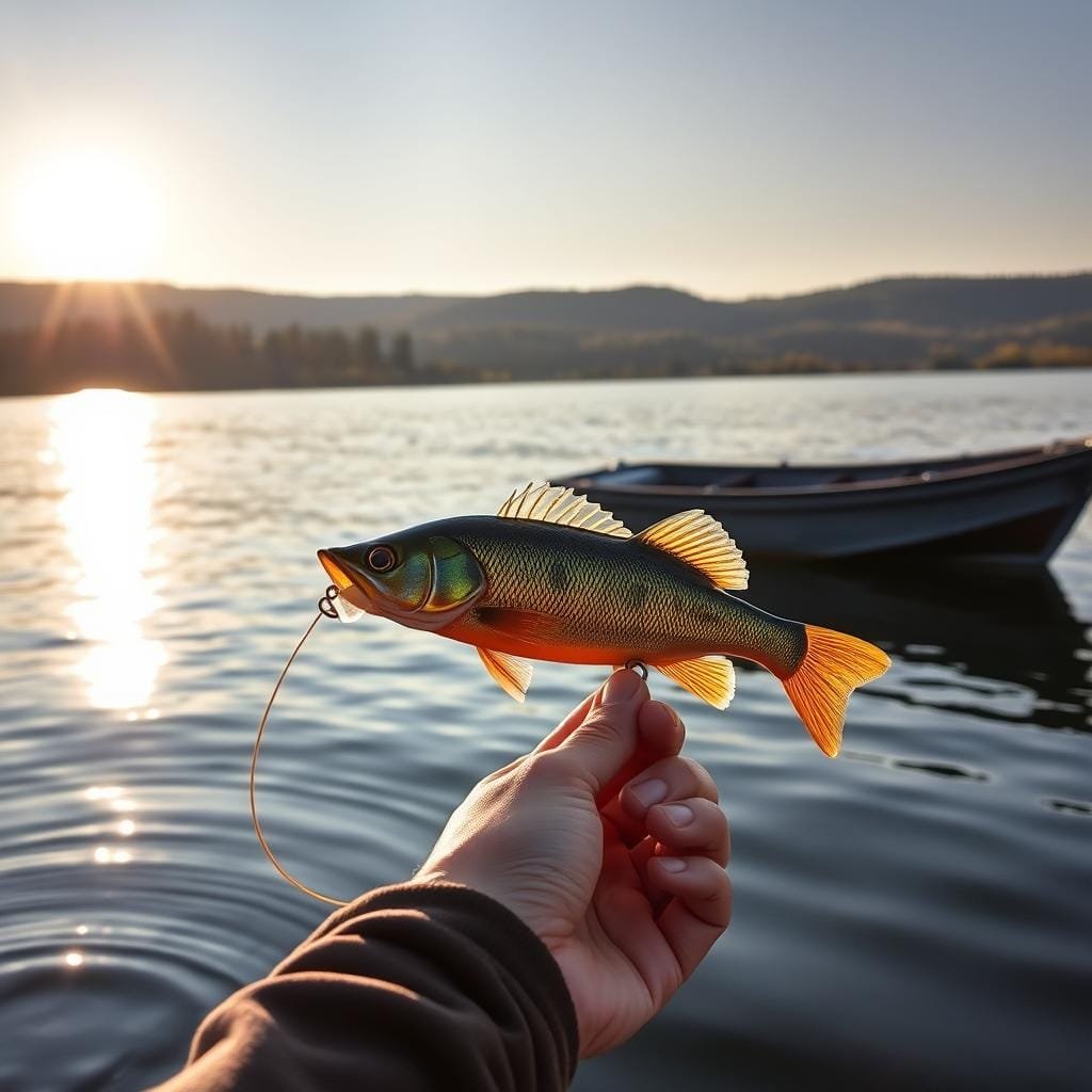 A tranquil lakeside scene, the sun's gentle rays casting a warm glow over the still waters. In the foreground, a fisherman's hands skillfully work a vibrant crankbait, its diving bill piercing the surface. Trailing behind, a slim leadcore line snakes through the ripples, a lifeline connecting the angler to the depths below. The middle ground reveals a well-worn boat, its hull gently rocking with the lapping waves. In the distance, a shoreline dotted with towering pines and undulating hills, creating a serene backdrop for this artful display of fishing prowess. The mood is one of focused determination, the air thick with the anticipation of a trophy sauger's strike.