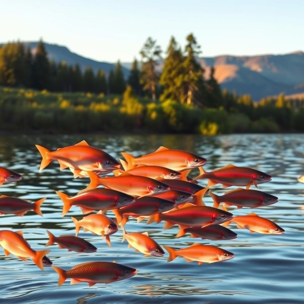 A tranquil lakeside scene with a school of vibrant kokanee salmon swimming in the foreground. The fish vary in size, some large and robust, others smaller and more slender. In the middle ground, a lush shoreline with dense vegetation and towering trees, casting warm, dappled shadows across the water. The background features rolling hills and a distant mountain range, bathed in soft, golden light. The overall mood is one of natural harmony, inviting the viewer to ponder the intricate interplay between food sources, genetics, and environmental factors that shape the diverse sizes of these remarkable freshwater fish. A tranquil lakeside scene with a school of vibrant kokanee salmon swimming in the foreground. The fish vary in size, some large and robust, others smaller and more slender. In the middle ground, a lush shoreline with dense vegetation and towering trees, casting warm, dappled shadows across the water. The background features rolling hills and a distant mountain range, bathed in soft, golden light. The overall mood is one of natural harmony, inviting the viewer to ponder the intricate interplay between food sources, genetics, and environmental factors that shape the diverse sizes of these remarkable freshwater fish.