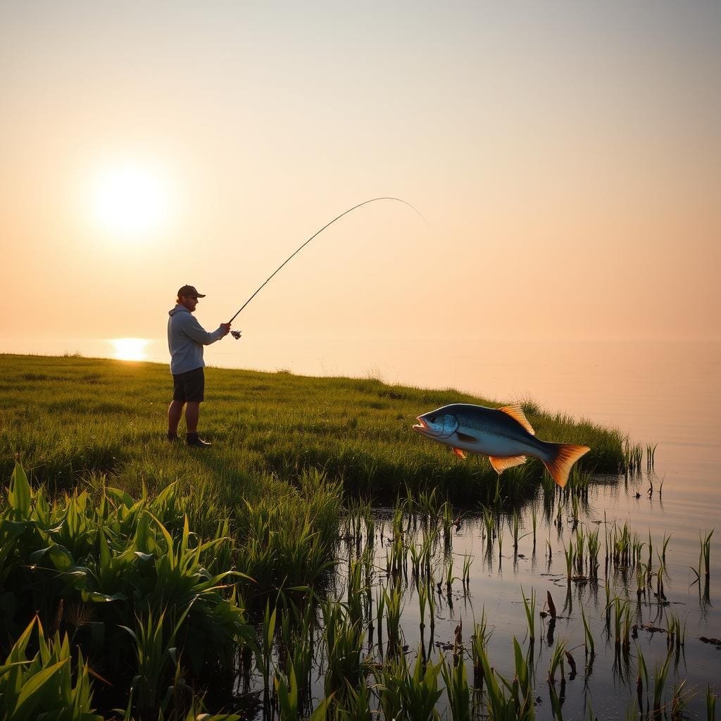 A tranquil saltwater scene, the sun's rays gently caressing the surface of a serene estuary. In the foreground, a skilled angler stands poised, their line cast skillfully into the depths, where a prized weakfish swims. The middle ground showcases the lush, verdant shoreline, dotted with reeds and grass, creating a natural, inviting backdrop. In the background, the horizon is painted with a soft, hazy palette, evoking a sense of calm and serenity. The lighting is warm and diffused, creating a golden, ethereal glow that envelops the entire scene, capturing the essence of the quintessential weakfish fishing experience. A tranquil saltwater scene, the sun's rays gently caressing the surface of a serene estuary. In the foreground, a skilled angler stands poised, their line cast skillfully into the depths, where a prized weakfish swims. The middle ground showcases the lush, verdant shoreline, dotted with reeds and grass, creating a natural, inviting backdrop. In the background, the horizon is painted with a soft, hazy palette, evoking a sense of calm and serenity. The lighting is warm and diffused, creating a golden, ethereal glow that envelops the entire scene, capturing the essence of the quintessential weakfish fishing experience.