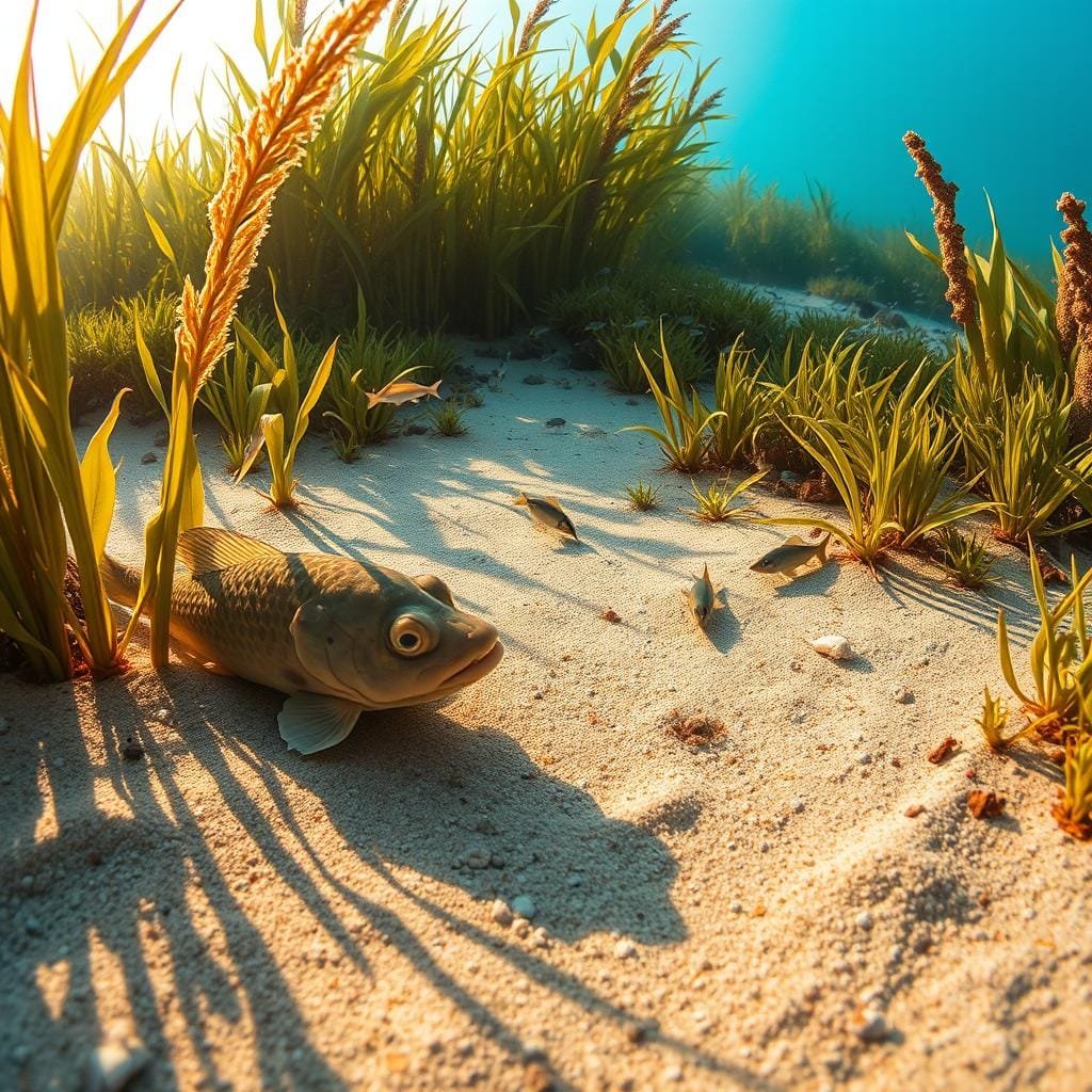 A tranquil seabed scene where flounders thrive, illuminated by warm, golden sunlight filtering through the shallow waters. In the foreground, a flounder expertly camouflaged against the sandy substrate, its eyes scanning the seafloor for small crustaceans and mollusks to feed on. Surrounding it, a lush underwater meadow of swaying seagrass and kelp, providing ample hiding spots and a diverse array of prey. In the middle ground, a school of tiny baitfish dart between the aquatic vegetation, while larger predatory fish lurk in the shadows. The background fades into a hazy blue-green horizon, suggesting the expansive nature of the flounder's feeding grounds. A tranquil seabed scene where flounders thrive, illuminated by warm, golden sunlight filtering through the shallow waters. In the foreground, a flounder expertly camouflaged against the sandy substrate, its eyes scanning the seafloor for small crustaceans and mollusks to feed on. Surrounding it, a lush underwater meadow of swaying seagrass and kelp, providing ample hiding spots and a diverse array of prey. In the middle ground, a school of tiny baitfish dart between the aquatic vegetation, while larger predatory fish lurk in the shadows. The background fades into a hazy blue-green horizon, suggesting the expansive nature of the flounder's feeding grounds.