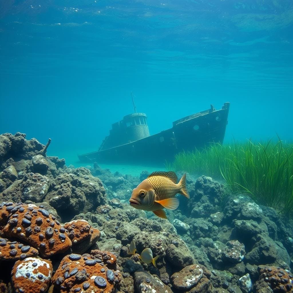 A tranquil underwater scene, capturing the prime habitats and structures favored by sheepshead. In the foreground, a rocky reef teeming with marine life, showcasing the ideal hiding spots and ambush points for these elusive fish. The middle ground features a sunken shipwreck, its rusted hull and protruding beams providing additional shelter and feeding grounds. In the background, a vibrant seagrass bed sways gently, adding depth and realism to the composition. The lighting is soft and natural, creating a serene, almost ethereal atmosphere, as if captured through the lens of a high-quality underwater camera. The overall scene presents a visually compelling and informative representation of the prime habitats and structures that anglers should target when pursuing sheepshead.