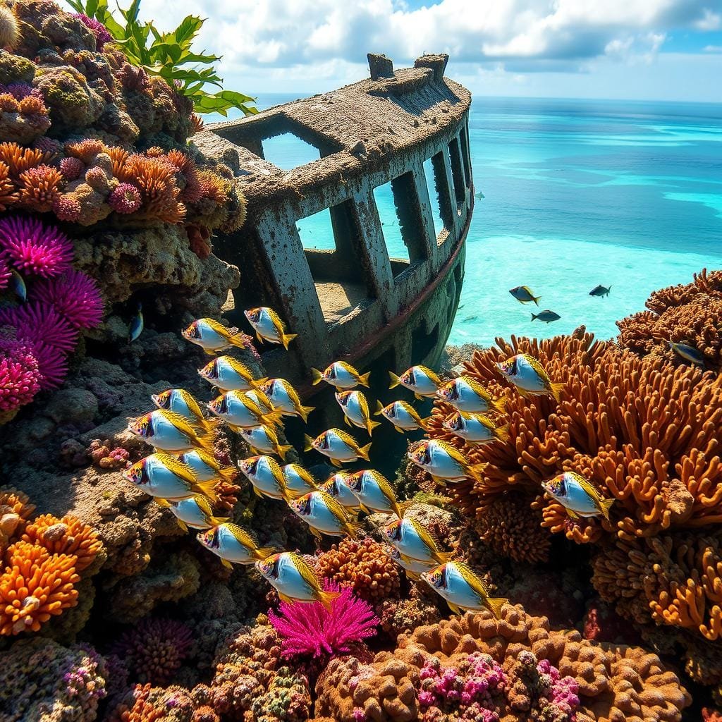 A tropical reef scene teeming with vibrant marine life. In the foreground, a school of triggerfish dart between vibrant coral formations, their distinctive triangular bodies and striking patterns on full display. In the middle ground, a partially submerged shipwreck provides a hidden sanctuary for these elusive fish, while the background showcases a shallow, sun-dappled seascape, hinting at the unexpected shallow-water habitats where triggerfish may also be found. The lighting is natural and warm, casting a golden glow over the entire scene, capturing the beauty and diversity of the triggerfish's preferred environments.