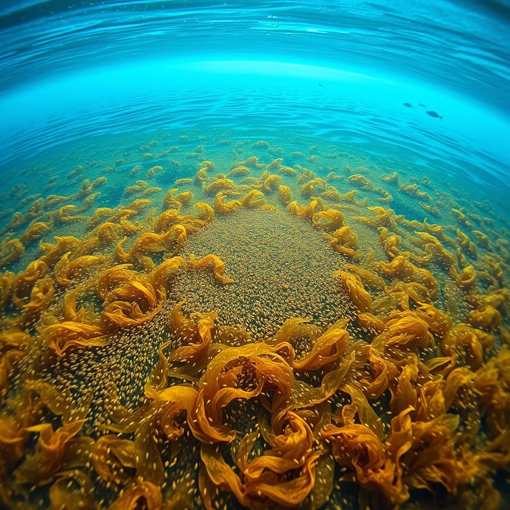 A vast expanse of azure ocean, the surface rippling with sunlight. In the foreground, a dense, floating mat of golden-brown Sargassum seaweed, its fronds swaying gently. Amidst the Sargassum, a vibrant array of plankton dances, their delicate bodies illuminated by the sun's rays. In the middle ground, the silhouettes of small fish dart through the water, feeding on the abundant life. In the distance, the horizon blends seamlessly with the sky, creating a sense of tranquility and exploration. The scene is captured with a wide-angle lens, emphasizing the vastness of the open-water environment and the importance of these surface-dwelling organisms as a critical food source.