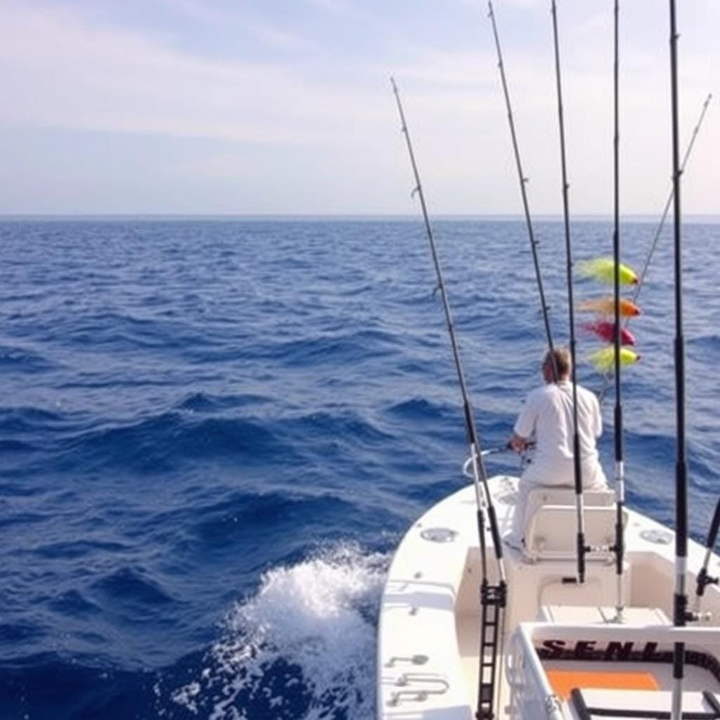 A vast expanse of azure ocean, with a fishing boat expertly positioned, its hull cutting through the gentle waves. The captain intently scans the sonar, seeking the telltale signs of a bountiful amberjack school. Vibrant lures and baits dangle from the outriggers, strategically placed in the prime "strike zone" to entice the elusive predators. Soft, diffused sunlight filters through wispy clouds, casting a warm, inviting glow over the scene. The boat's sleek design and powerful engine stand ready to chase down and hook the prized catch, as the crew eagerly anticipates the thrill of the hunt.