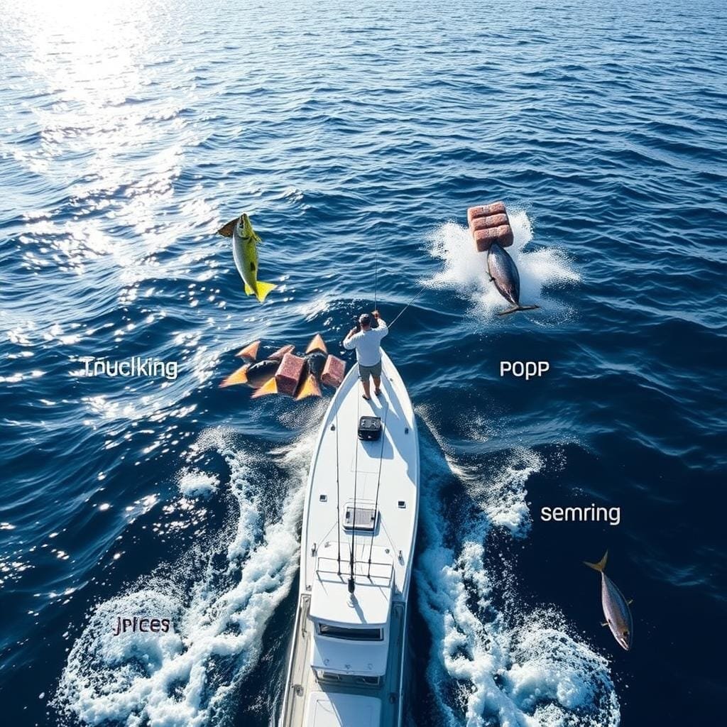 A vast ocean backdrop, with sunlight glimmering on the waves. In the foreground, a fishing boat cuts through the water, its hull sleek and streamlined. The captain stands at the helm, one hand on the wheel, the other holding a fishing rod. Trailing behind the boat, four distinct fishing techniques are showcased: trolling, with a lure gently skimming the surface; chunking, with bait-filled chum blocks being tossed overboard; popping, with a topwater lure creating dramatic splashes; and jigging, with a vertical jig cutting through the depths. The scene conveys the thrill and expertise of tuna fishing, with each technique represented in vivid detail.