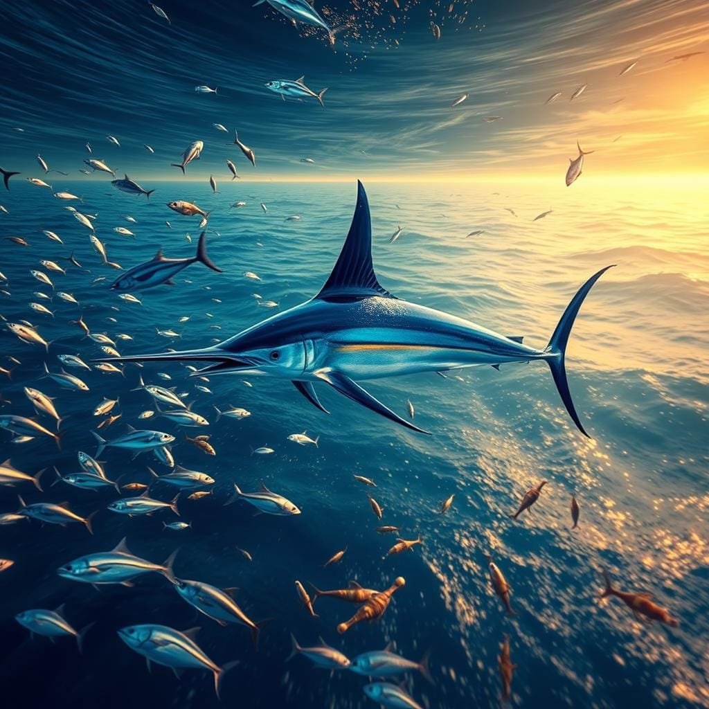 A vast oceanic expanse, illuminated by warm, golden sunlight filtering through the waves. In the foreground, a majestic blue marlin, its sleek, hydrodynamic body cutting through the water with effortless grace. Surrounding the marlin, a diverse array of its favored prey - schools of silvery tuna, shimmering flying fish, and agile squid, all captured in vivid detail. The mid-ground showcases the marlin's hunting prowess, as it pursues and engages with its targets, its powerful jaws and bill-like snout poised to strike. In the distant background, the vast, churning expanse of the open ocean, hinting at the marlin's wide-ranging, migratory nature and the breadth of its domain across the world's seas.