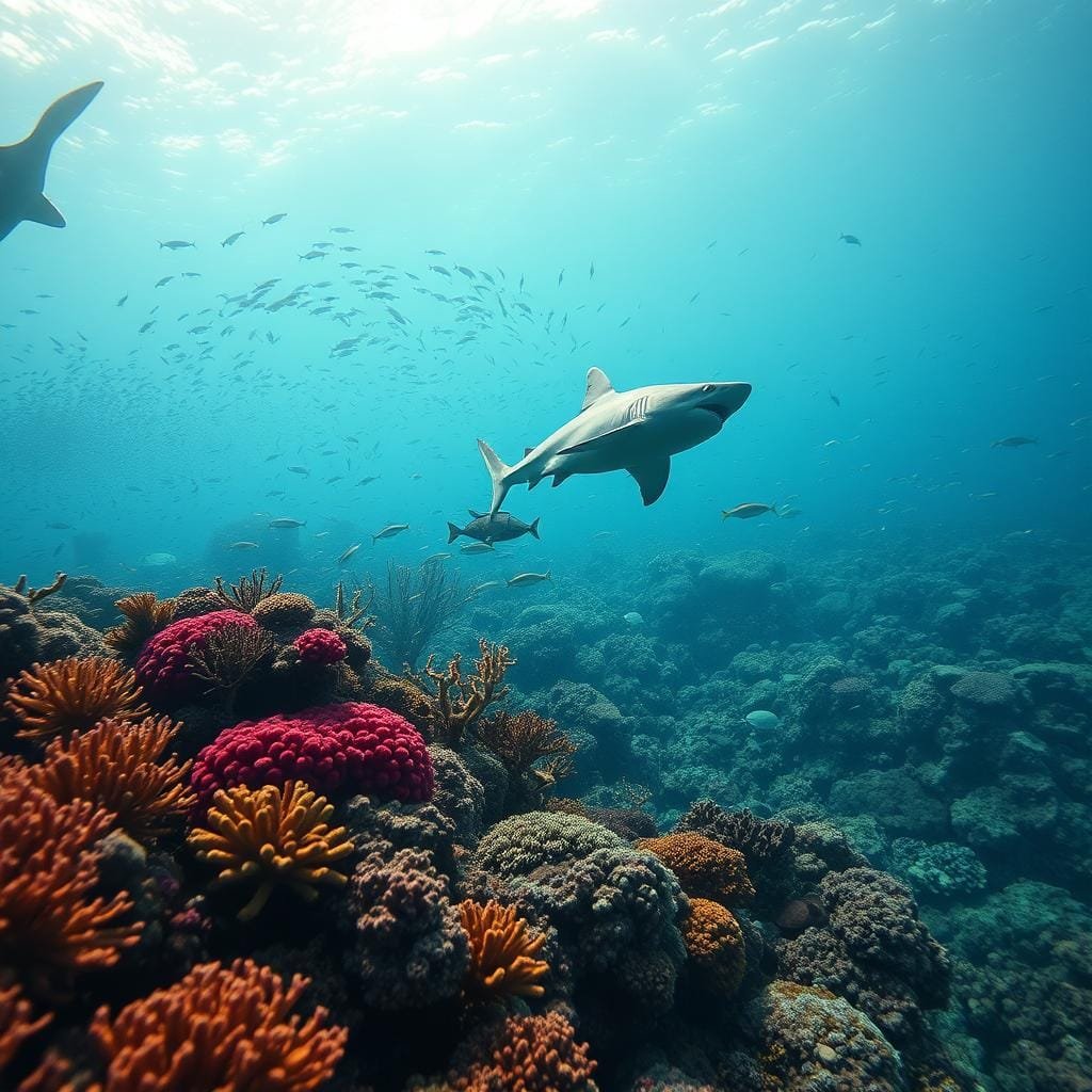A vast underwater seascape, with a vibrant coral reef in the foreground. In the middle ground, a powerful shark glides effortlessly, its jaws open, ready to devour a school of smaller fish. In the background, a diverse array of marine life, from schools of tropical fish to sea turtles, creates a dynamic and captivating scene. The lighting is soft and diffused, casting a warm, ethereal glow over the entire composition. The camera angle is slightly elevated, providing a sweeping, panoramic view of the underwater ecosystem and the intricate food web that sustains it. A vast underwater seascape, with a vibrant coral reef in the foreground. In the middle ground, a powerful shark glides effortlessly, its jaws open, ready to devour a school of smaller fish. In the background, a diverse array of marine life, from schools of tropical fish to sea turtles, creates a dynamic and captivating scene. The lighting is soft and diffused, casting a warm, ethereal glow over the entire composition. The camera angle is slightly elevated, providing a sweeping, panoramic view of the underwater ecosystem and the intricate food web that sustains it.