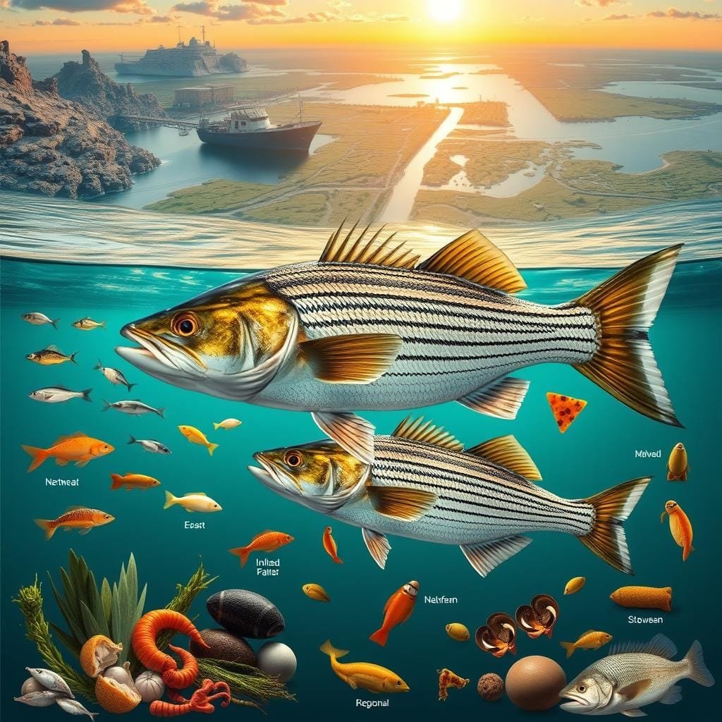 A vibrant and informative visualization showcasing the diverse dietary habits of striped bass across the United States. In the foreground, an array of regional food sources typical of the fish's various life stages, including small baitfish, crustaceans, and mollusks. The middle ground depicts a school of striped bass of varying sizes, their fins and scales shimmering under the warm, natural lighting. In the background, a panoramic view of distinct coastal and inland environments, from the rugged Northeast to the sun-drenched Southeast, each with its own unique ecosystem and prey availability. The overall composition conveys the adaptability and resilience of the striped bass, thriving in diverse habitats and feeding on a wide range of local resources.