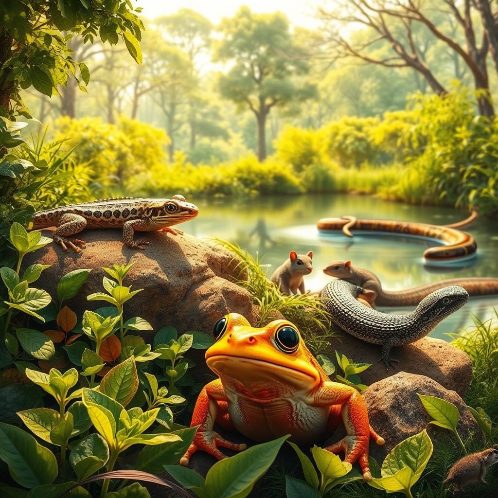 A vibrant and lifelike scene depicting a diverse array of amphibians, reptiles, and small mammals thriving in their natural habitats. In the foreground, a curious frog peers out from a lush, verdant undergrowth, its bright colors and textured skin meticulously rendered. Behind it, a sleek lizard basking on a sun-warmed rock, its scales glistening with intricate detail. In the middle ground, a small rodent scurries through the foliage, its whiskers twitching as it navigates the undergrowth. In the background, a panoramic vista of towering trees and a clear, serene pond, where a graceful water snake glides through the surface. The scene is illuminated by warm, natural lighting that casts soft shadows and highlights the diverse textures and forms of the creatures. The overall composition conveys a sense of harmony and interconnectedness within this vibrant ecosystem.