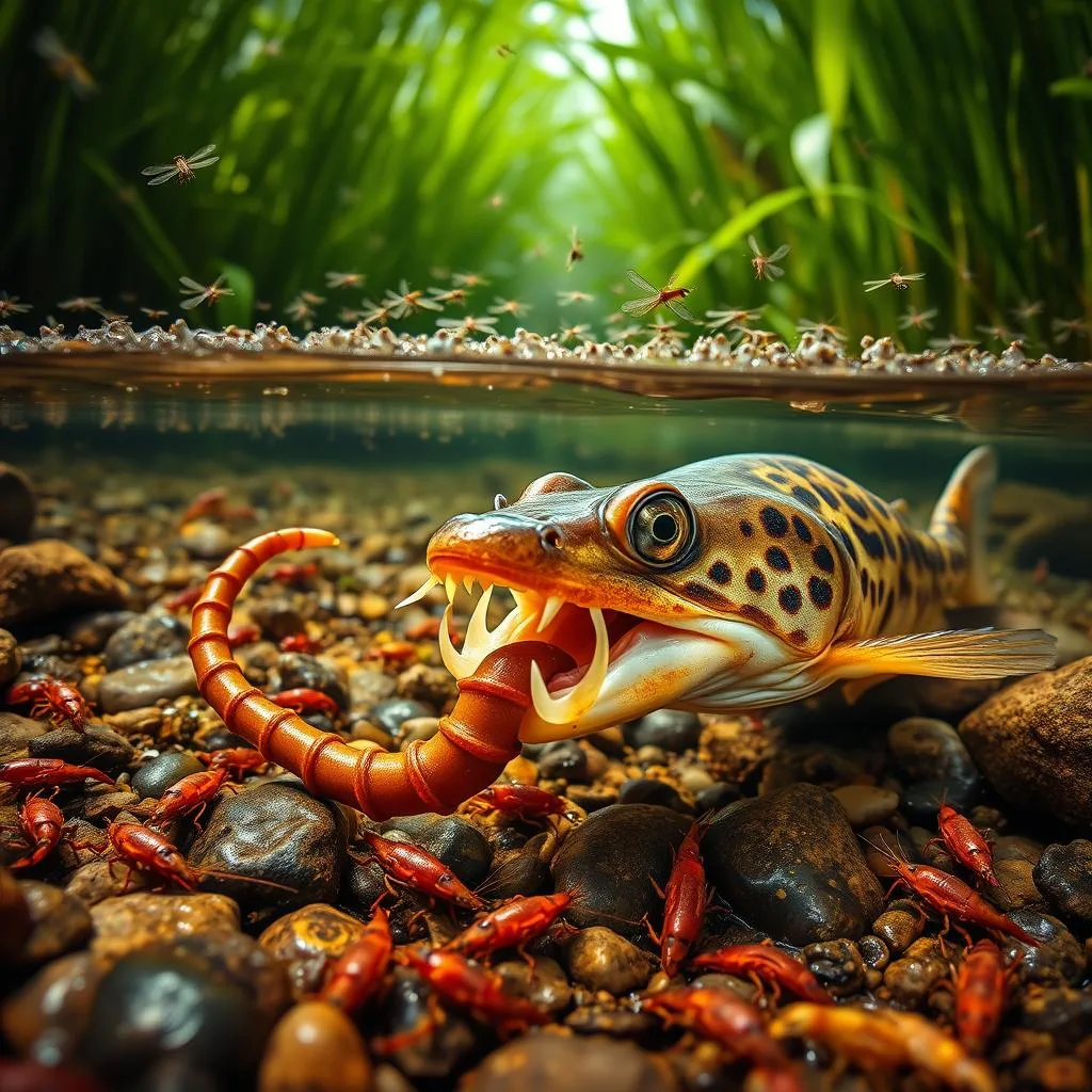 A vibrant close-up scene depicting the juvenile feeding habits of a flathead catfish. In the foreground, a young catfish hungrily consumes a squirming earthworm, its barbels twitching with each bite. Surrounding the catfish are a variety of freshwater crustaceans, such as crayfish and small shrimp, scurrying across the rocky riverbed. In the middle ground, a swarm of aquatic insects, including dragonfly nymphs and water striders, dance across the surface of the gently flowing water. The background is filled with lush aquatic vegetation, casting a soft, natural light over the entire underwater tableau. The overall mood is one of dynamic ecological balance, where the young catfish plays a vital role in the complex food web of its riverine habitat.