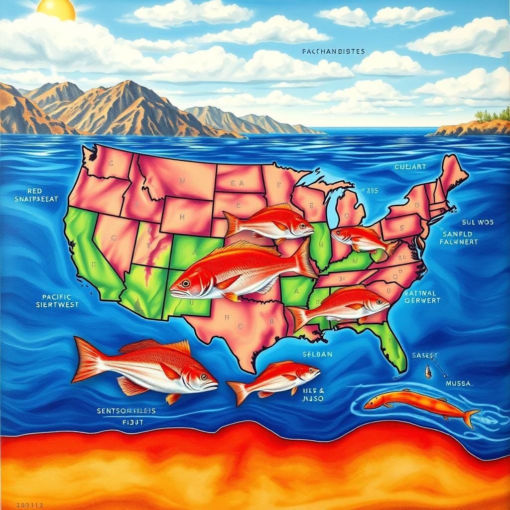 A vibrant map of the United States spanning the foreground, showcasing the natural habitats and seasonal ranges of the prized red snapper fish. The middle ground features detailed illustrations of the snapper's distinct features, swimming gracefully in their native waters. The background depicts the varying coastal landscapes across the country, from the rugged shores of the Pacific Northwest to the sun-drenched beaches of the Southeast, hinting at the diverse environments where this sought-after species thrives. Rendered in a rich, naturalistic style, the scene conveys the dynamic relationship between the snapper and its geographic range, providing a visually captivating representation of the topic. A vibrant map of the United States spanning the foreground, showcasing the natural habitats and seasonal ranges of the prized red snapper fish. The middle ground features detailed illustrations of the snapper's distinct features, swimming gracefully in their native waters. The background depicts the varying coastal landscapes across the country, from the rugged shores of the Pacific Northwest to the sun-drenched beaches of the Southeast, hinting at the diverse environments where this sought-after species thrives. Rendered in a rich, naturalistic style, the scene conveys the dynamic relationship between the snapper and its geographic range, providing a visually captivating representation of the topic.