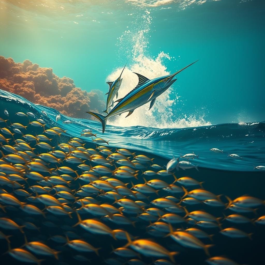 A vibrant seascape capturing the dynamic life cycle of the mahi mahi. In the foreground, a school of small silvery fish dart across the surface, their rapid movements reflecting the swift growth of the mahi mahi. In the middle ground, a pair of mahi mahi breach the waves, their iridescent scales glimmering in the warm golden light as they prepare to spawn. The background features a lush coral reef teeming with diverse marine life, hinting at the mahi mahi's diverse diet. The scene is illuminated by a soft, natural light, casting dramatic shadows and highlighting the mahi mahi's powerful physique. The overall mood is one of energy, abundance, and the intricate connections between the mahi mahi's life cycle and its feeding habits.