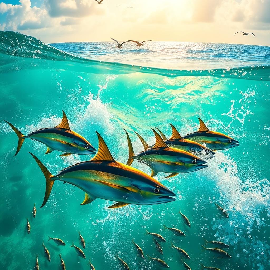 A vibrant seascape in tropical bluewater, where mahi mahi (also known as dorado or dolphinfish) hunt their prey. In the foreground, the sleek, iridescent bodies of the mahi mahi dart through the shimmering turquoise waves, their distinctive yellow fins and dorsal crest cutting through the surface. In the middle ground, schools of smaller baitfish scatter in a frenzied escape, while above, seabirds soar on the warm air currents. The background depicts a distant horizon, where the deep blue of the open ocean meets the hazy, cloud-streaked sky. Warm, golden sunlight filters through the scene, casting a glow over the entire composition and accentuating the vibrant colors of the marine life. The overall atmosphere is one of dynamic, predatory movement and the thriving energy of a healthy tropical ecosystem.