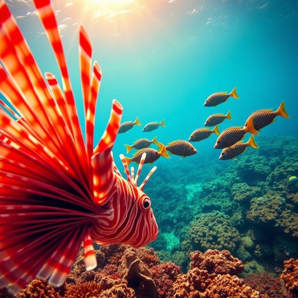 A vibrant seascape with a large red lionfish prominently displayed in the foreground, its venomous fins extended in a defensive posture. In the middle ground, a group of colorful reef fish, including groupers, dart away in fear. The background features a lush coral reef teeming with marine life, illuminated by warm, golden sunlight filtering through the crystal-clear azure waters. The scene conveys a sense of urgency and the need to control the invasive lionfish, a threat to the delicate ecosystem.