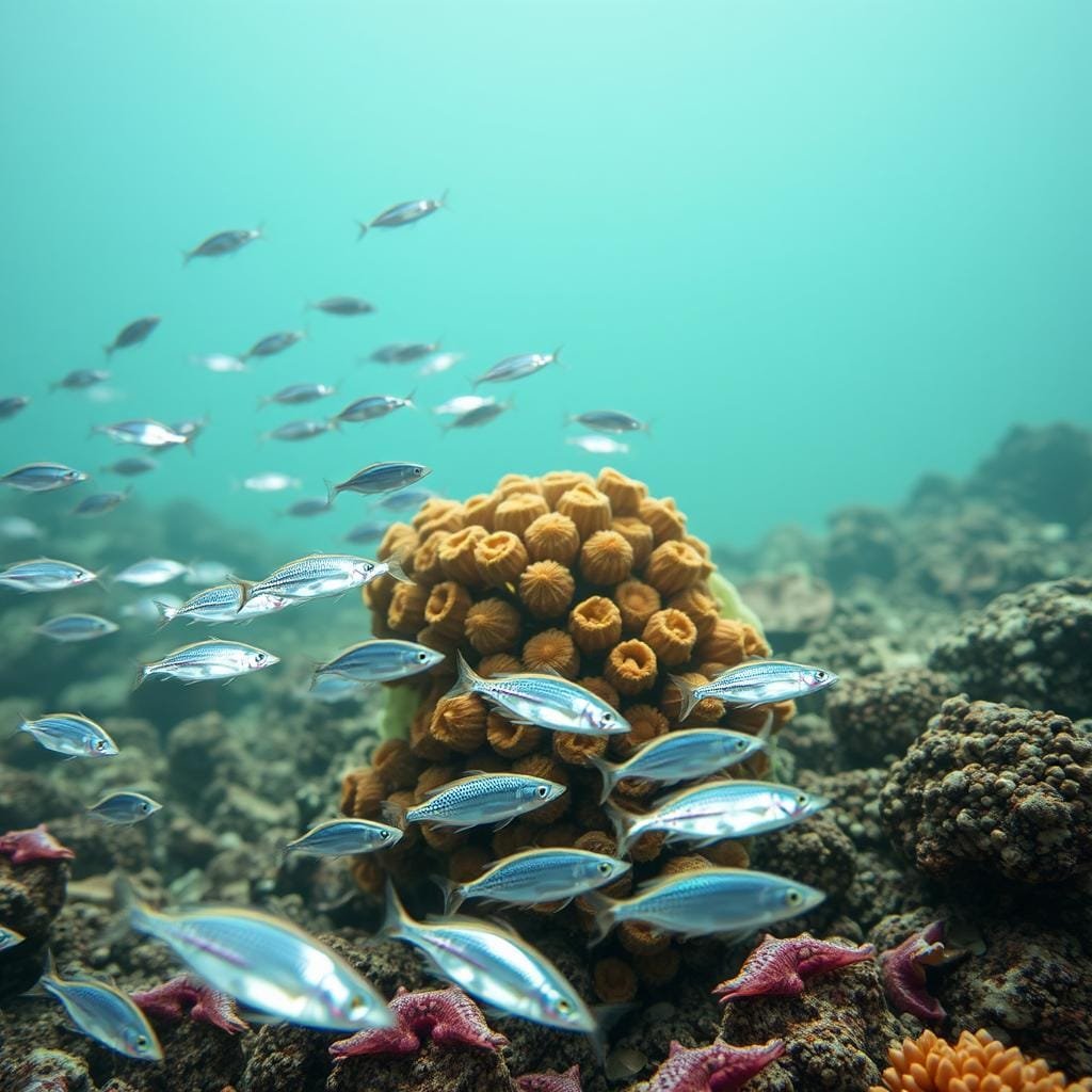 A vibrant seascape with a variety of marine life. In the foreground, a school of small, silvery finfish dart through the water, their scales glimmering in the soft, ambient light. In the middle ground, a cluster of succulent shellfish cling to the rocky seafloor, their intricate shells hinting at the rich diversity of the ocean's bounty. The background is a hazy, blue-green expanse, suggesting the vast, expansive nature of the underwater realm. The scene is bathed in a warm, natural glow, creating a sense of depth and tranquility. The composition is balanced and harmonious, drawing the viewer's eye through the layers of the image.