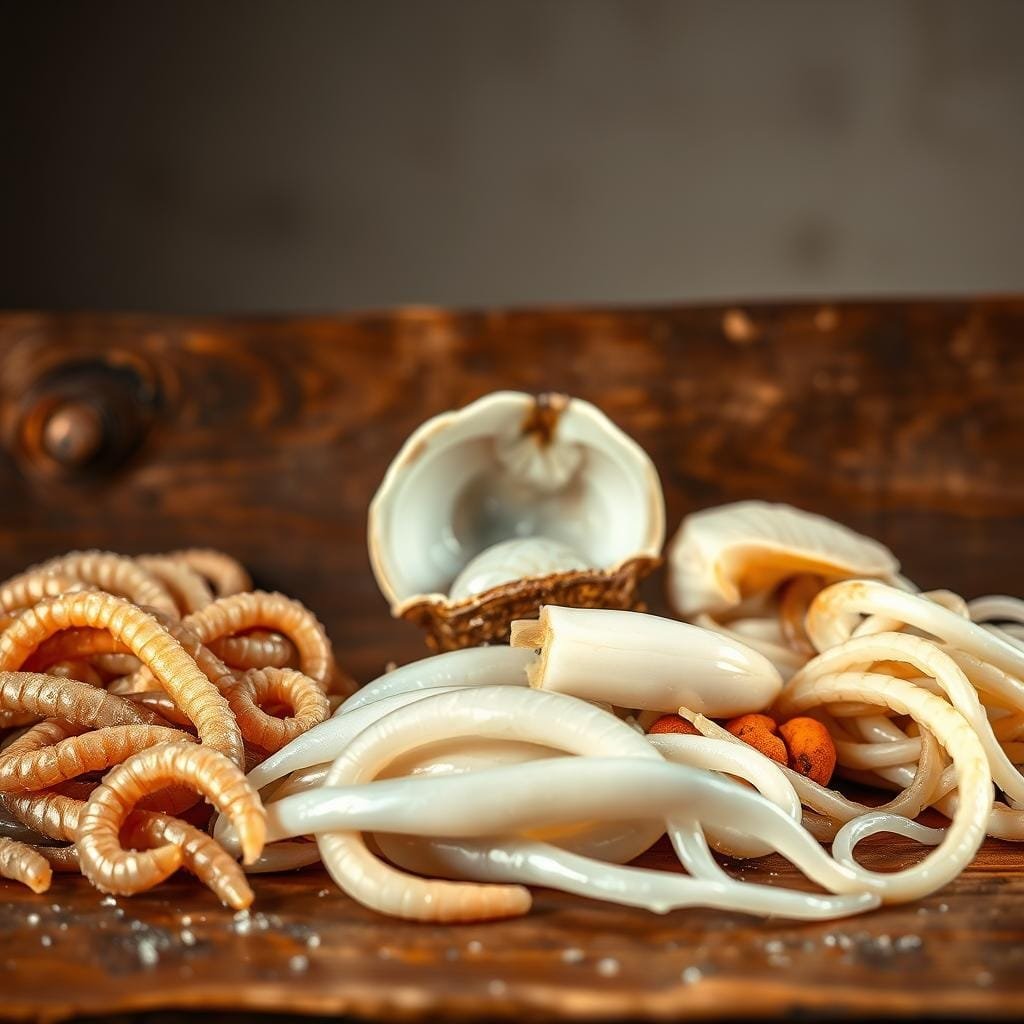 A vibrant still life capturing the essence of the perfect baits for scup fishing. In the foreground, a neatly arranged display of glistening sandworms, plump clams, and fresh squid tentacles, all ready to tempt the elusive scup. The middle ground features a textured wooden surface, lending a rustic touch. Soft, warm lighting illuminates the scene, casting gentle shadows and highlights the natural colors and textures of the bait. The background is a muted, neutral tone, allowing the subject to take center stage. An atmospheric composition that evokes the excitement of a successful scup catch. A vibrant still life capturing the essence of the perfect baits for scup fishing. In the foreground, a neatly arranged display of glistening sandworms, plump clams, and fresh squid tentacles, all ready to tempt the elusive scup. The middle ground features a textured wooden surface, lending a rustic touch. Soft, warm lighting illuminates the scene, casting gentle shadows and highlights the natural colors and textures of the bait. The background is a muted, neutral tone, allowing the subject to take center stage. An atmospheric composition that evokes the excitement of a successful scup catch.